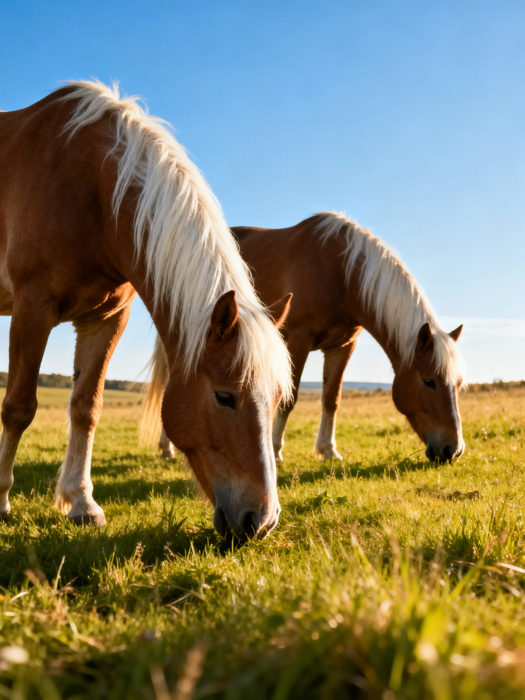 Two chestnut horses graze in a sunlit green meadow