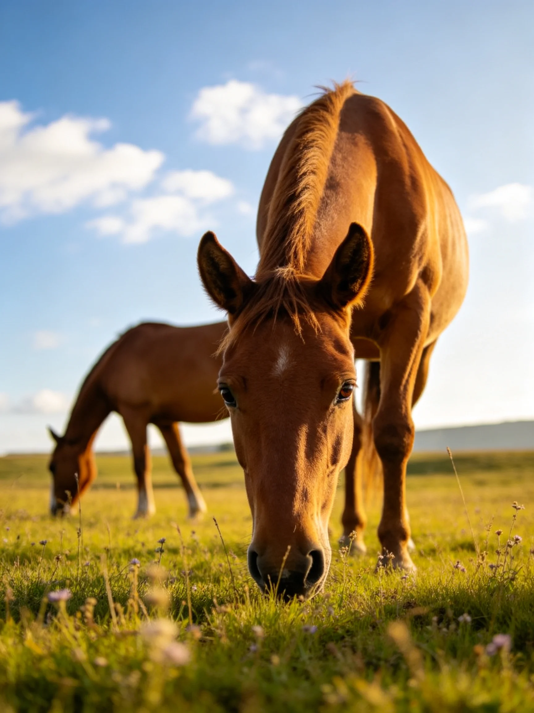 Two chestnut horses graze in a sunlit green meadow under blue skies