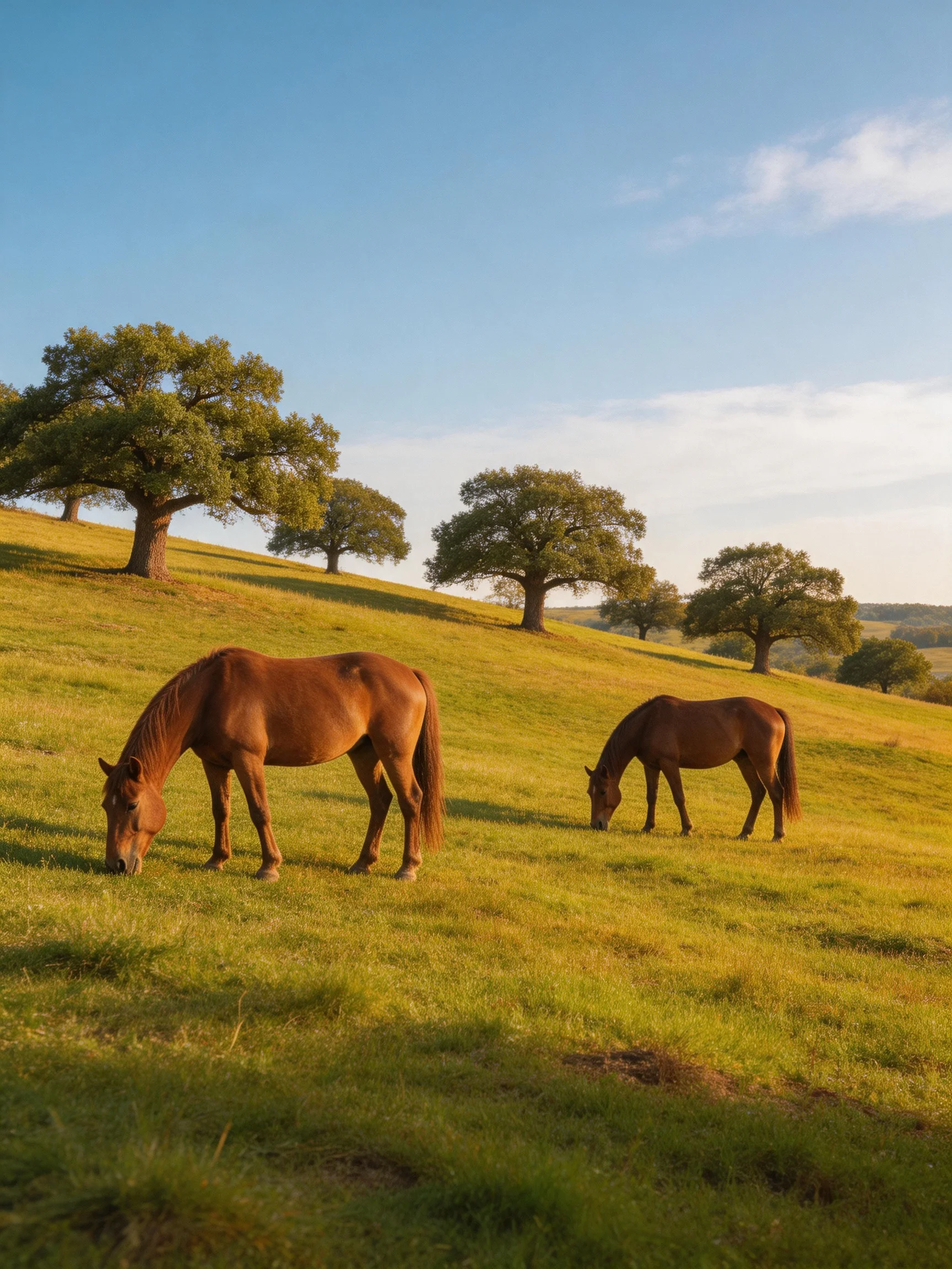 Two chestnut horses graze in a sunlit green meadow with scattered oak trees
