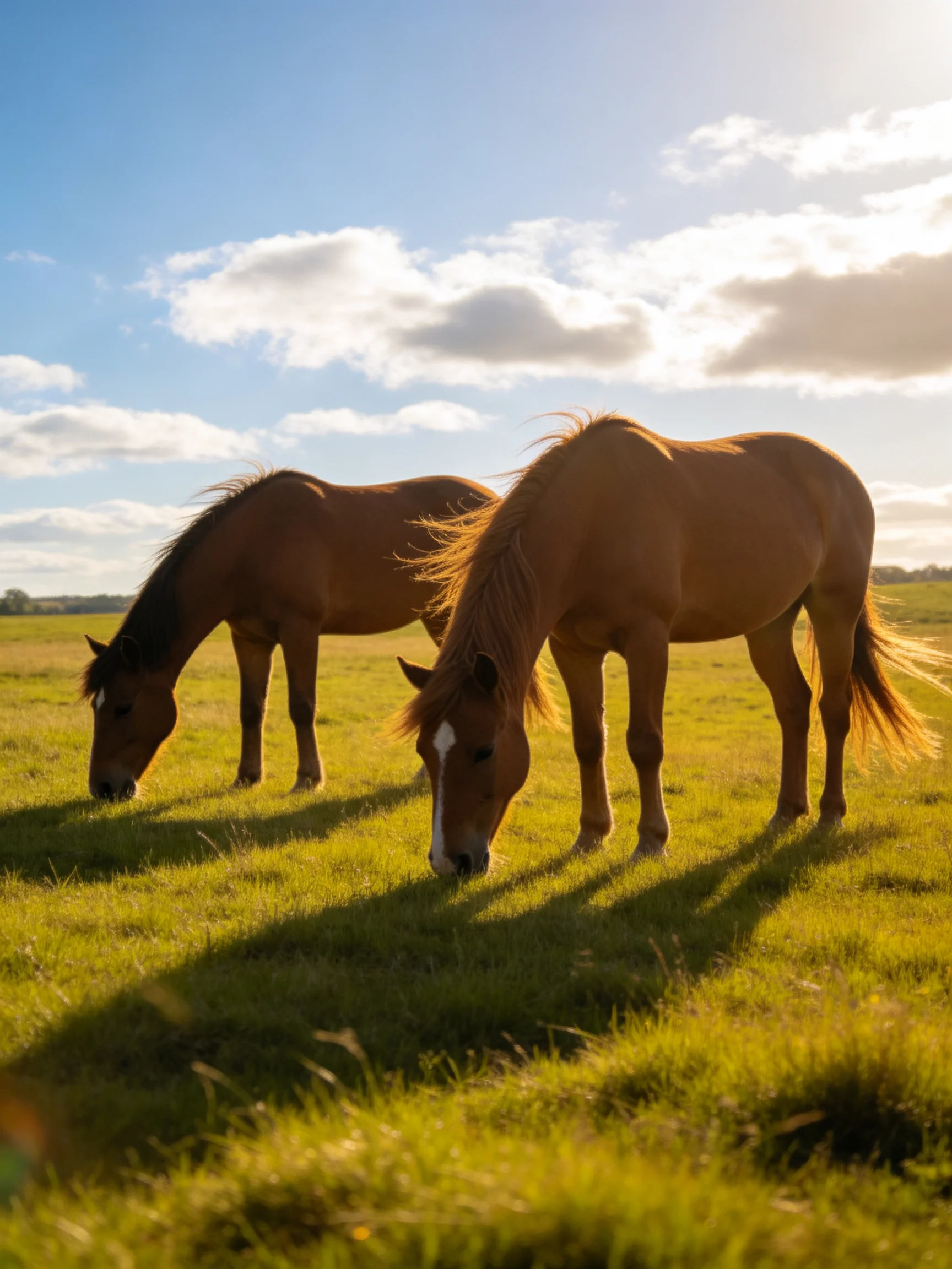 Two horses graze in a sunlit green meadow with long shadows.