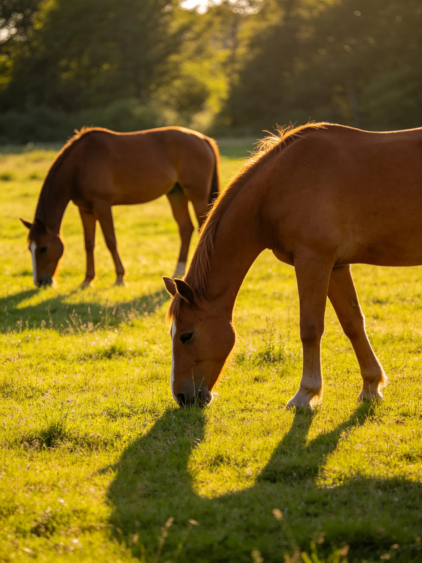 Two chestnut horses graze in a sunlit green pasture