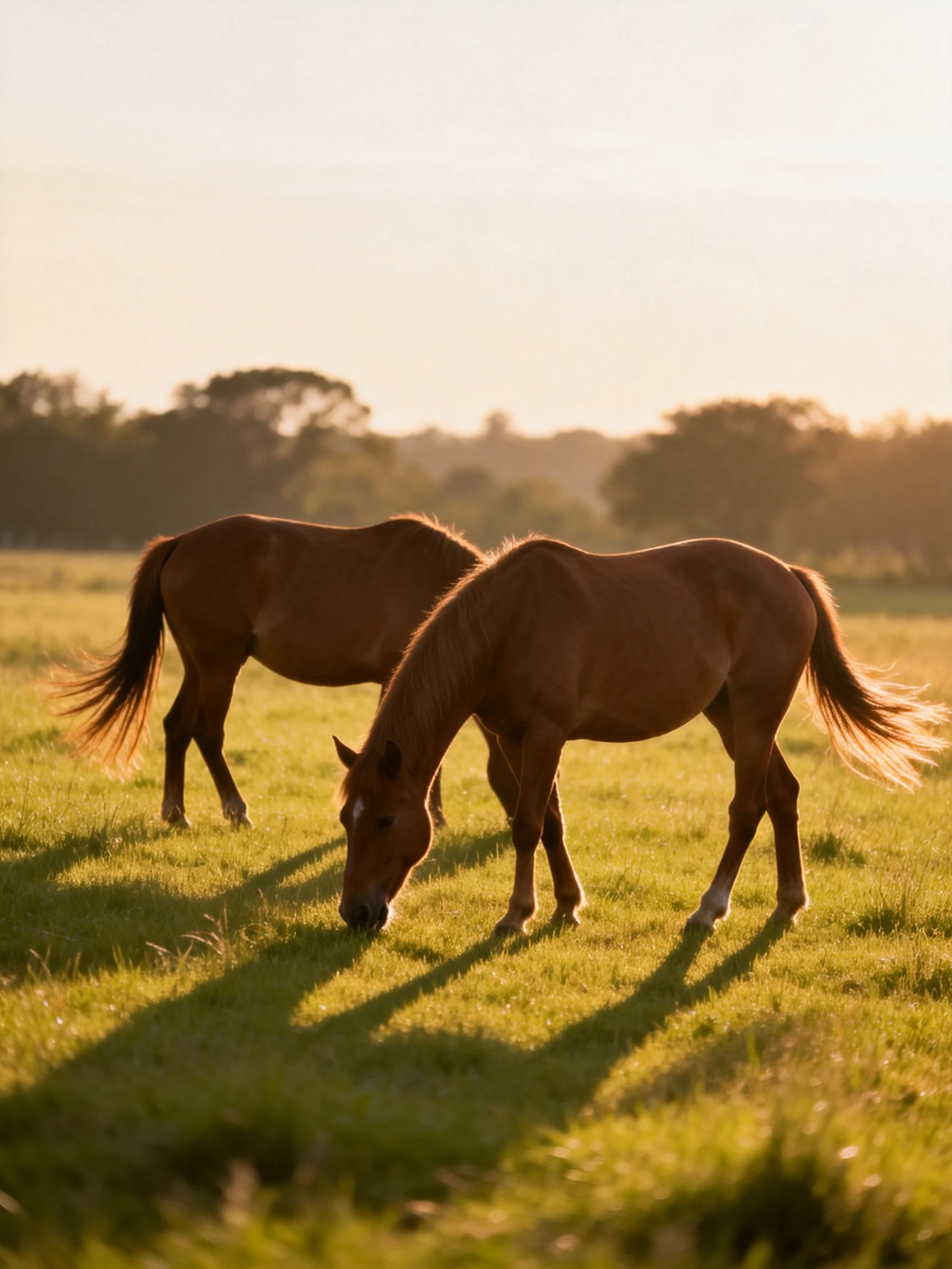 Two chestnut horses graze in a sunlit green pasture