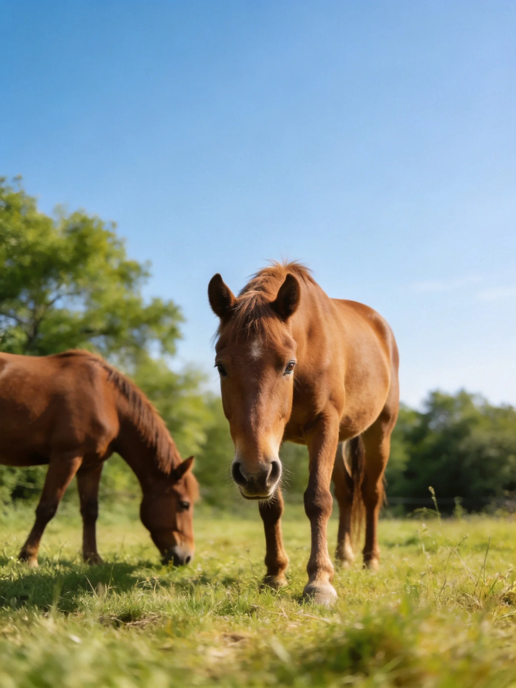 Two chestnut horses graze in a sunlit green pasture with clear blue skies