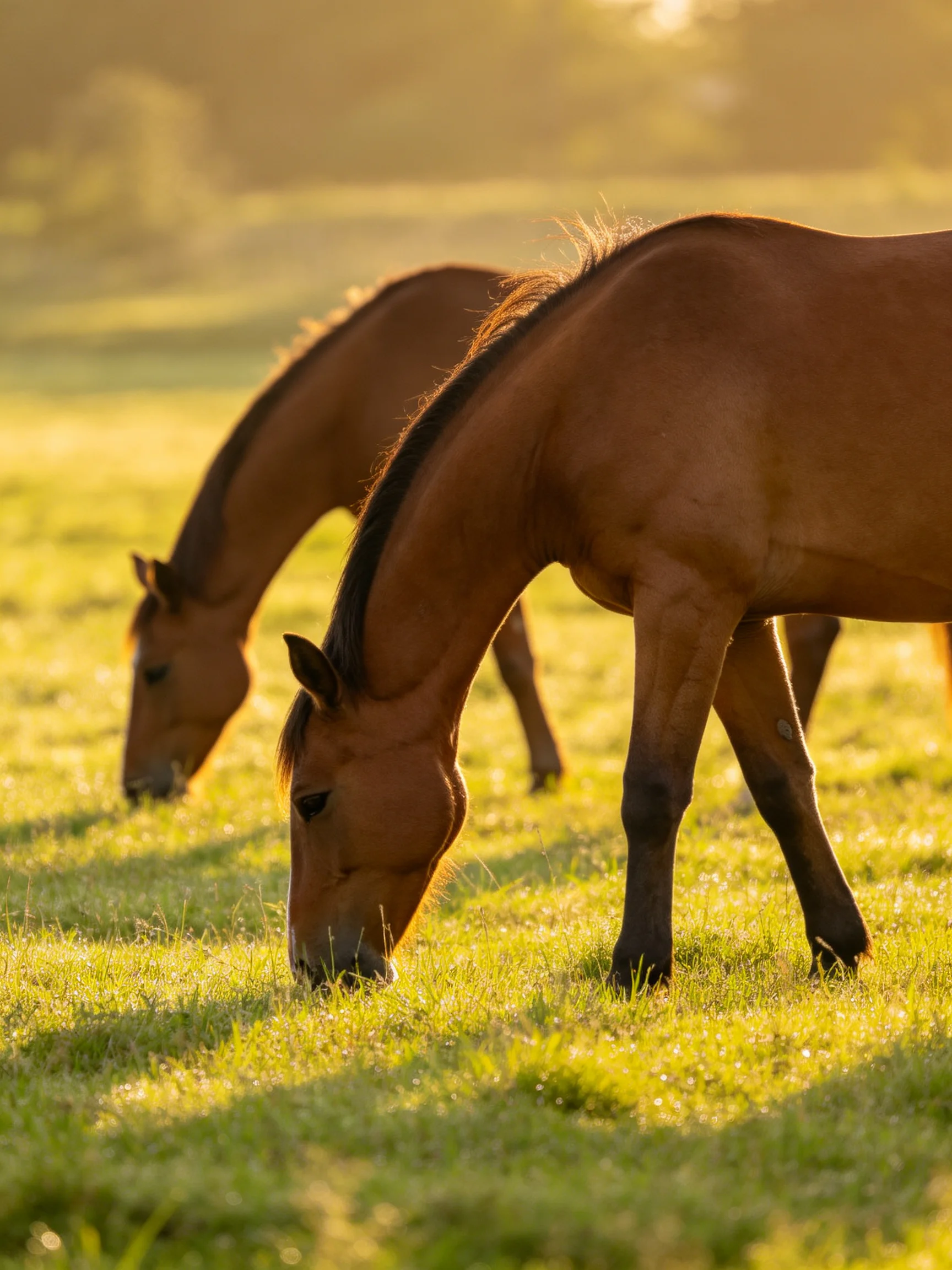 Two chestnut horses graze in a sunlit green pasture