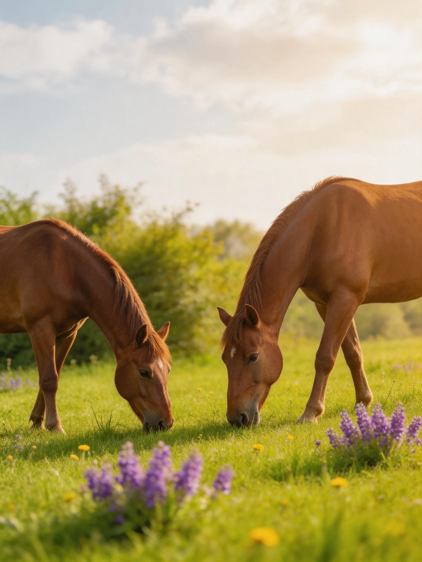 Two chestnut horses graze in a sunlit meadow with wildflowers