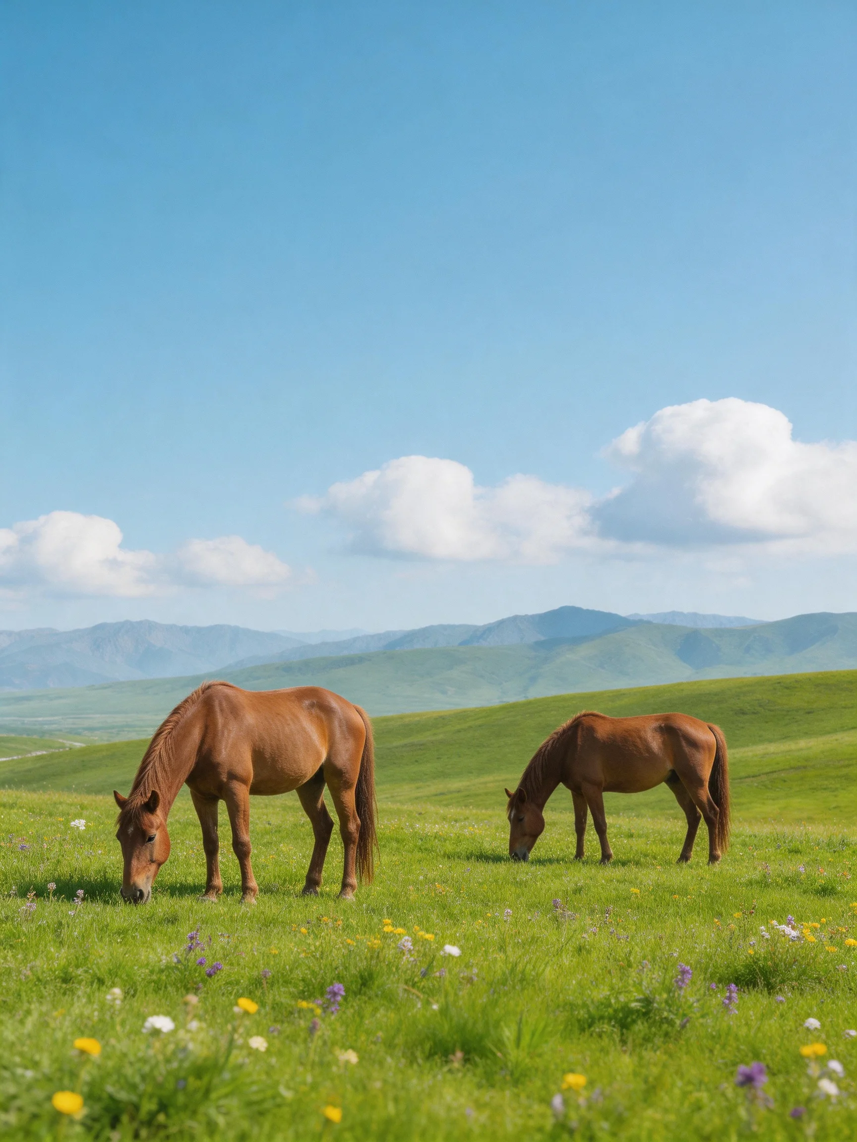 Two chestnut horses graze in a vibrant green meadow beneath a clear blue sky