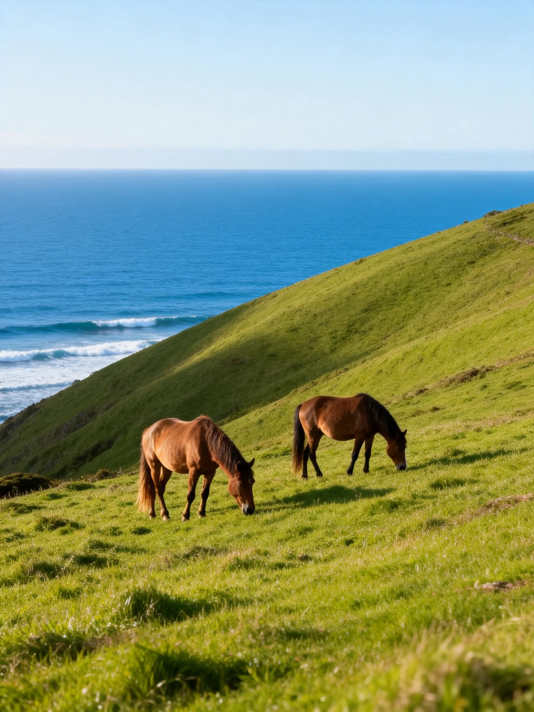 Two horses graze on a grassy hillside overlooking the ocean