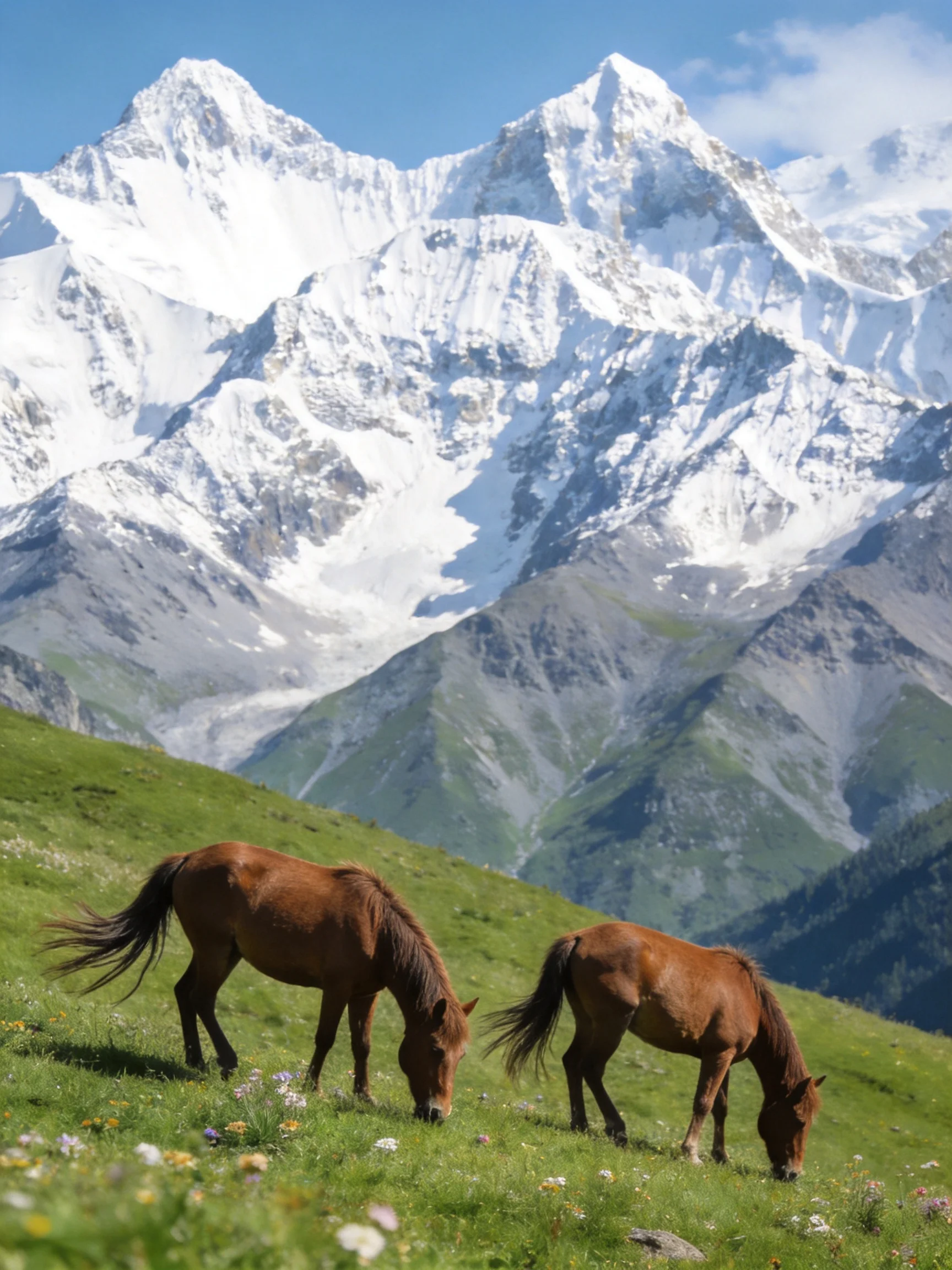 Two chestnut horses graze on a green meadow with snow - capped mountains in the background