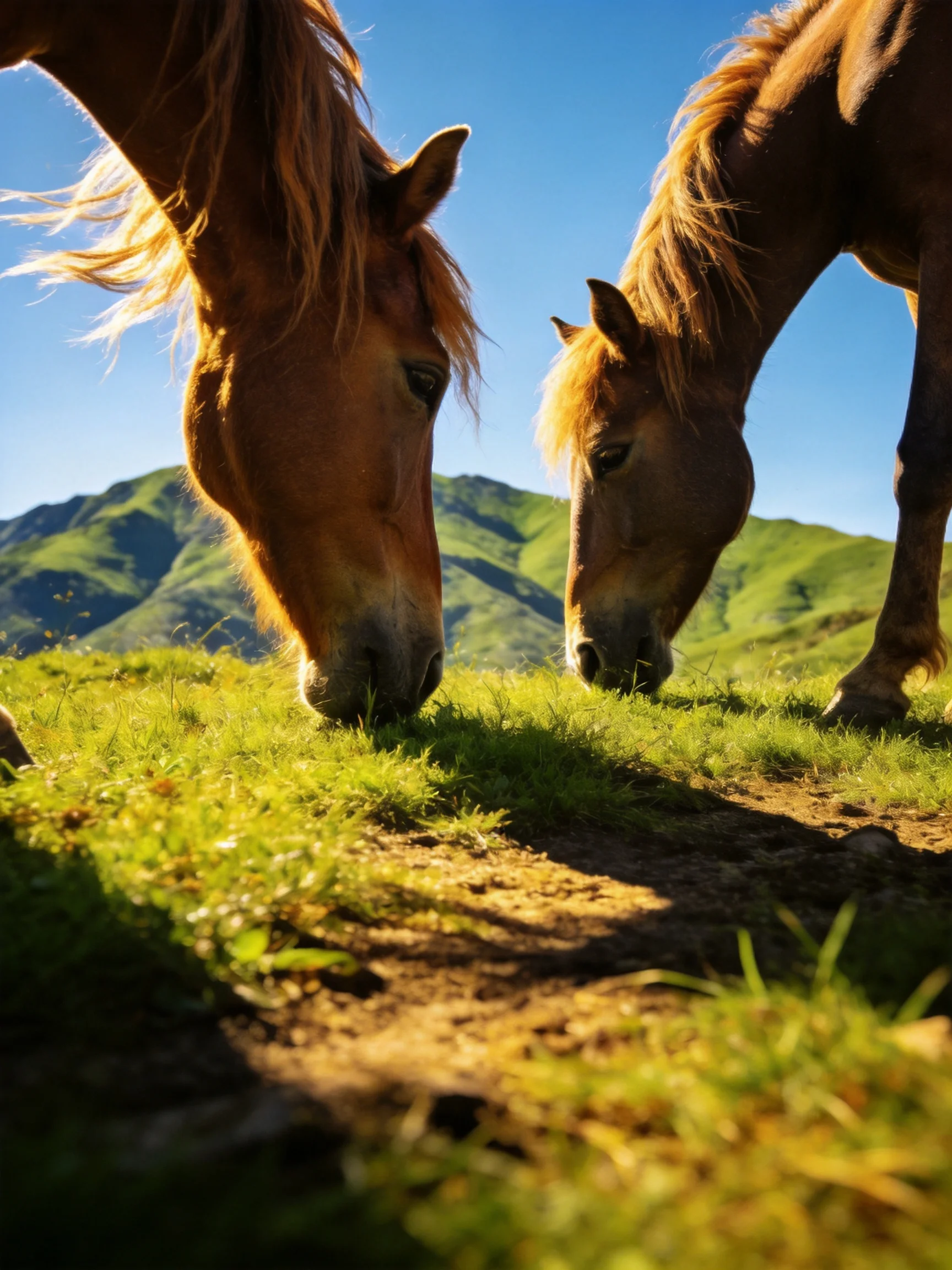 Two chestnut horses graze on a sun-drenched hillside with rolling green mountains