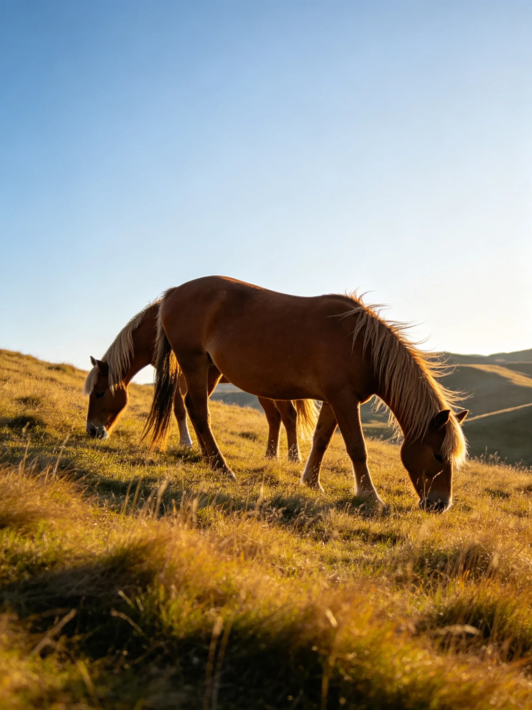 Two chestnut horses graze on sunlit rolling hills