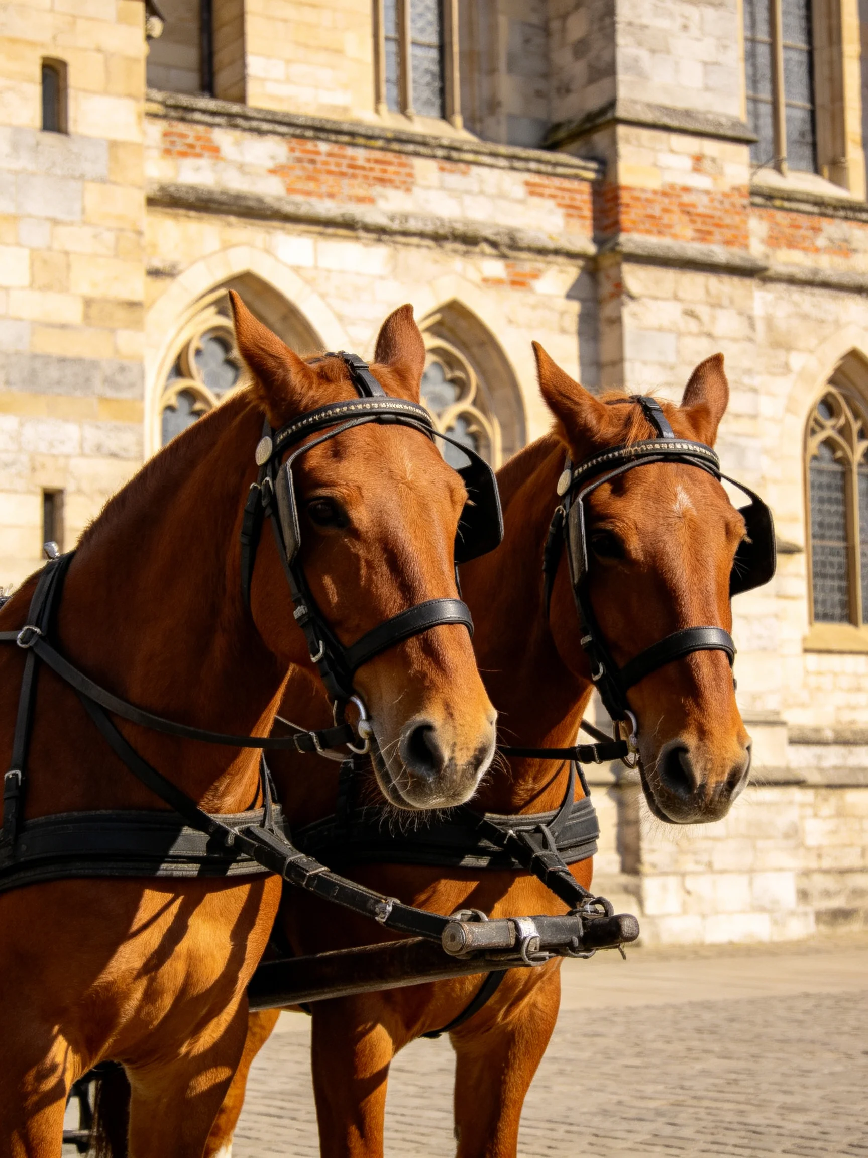 Chestnut horses harnessed beside a historic stone structure