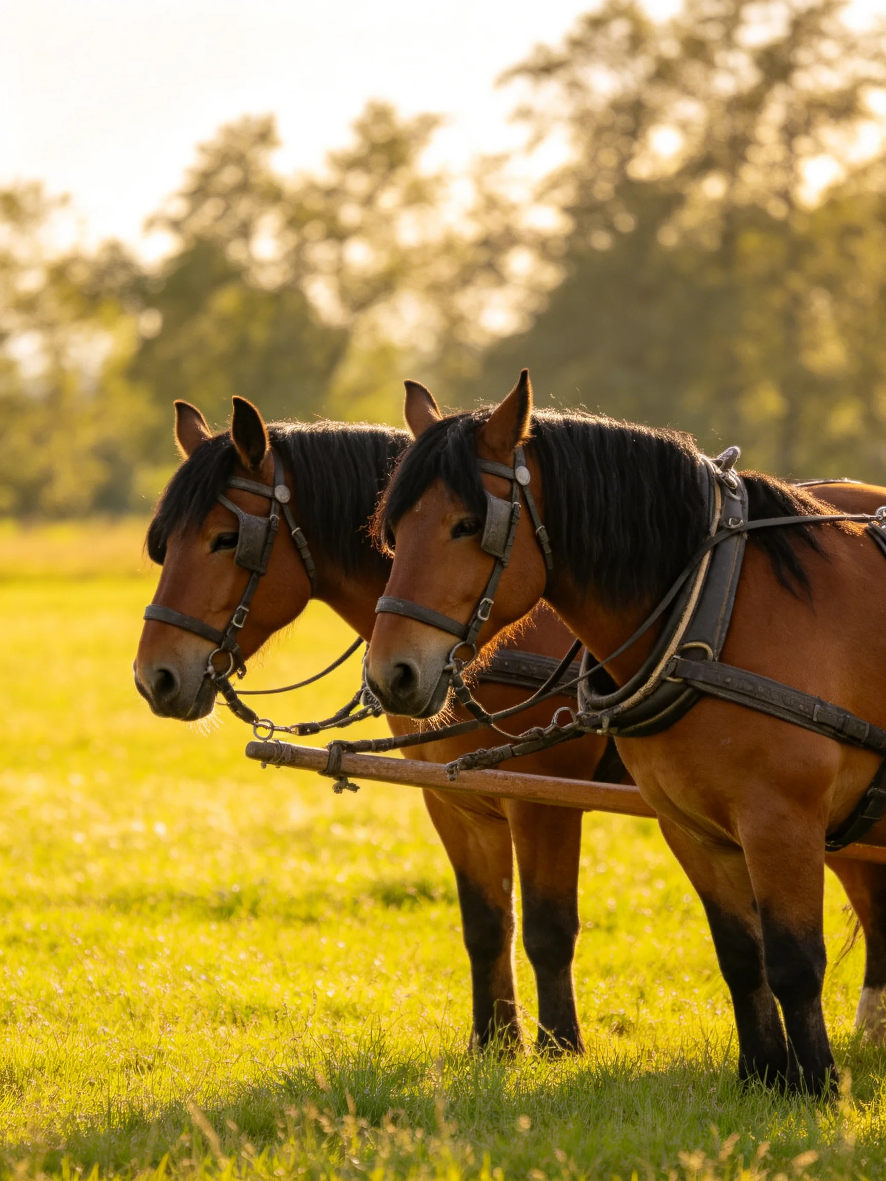 Two chestnut horses harnessed together in a golden field