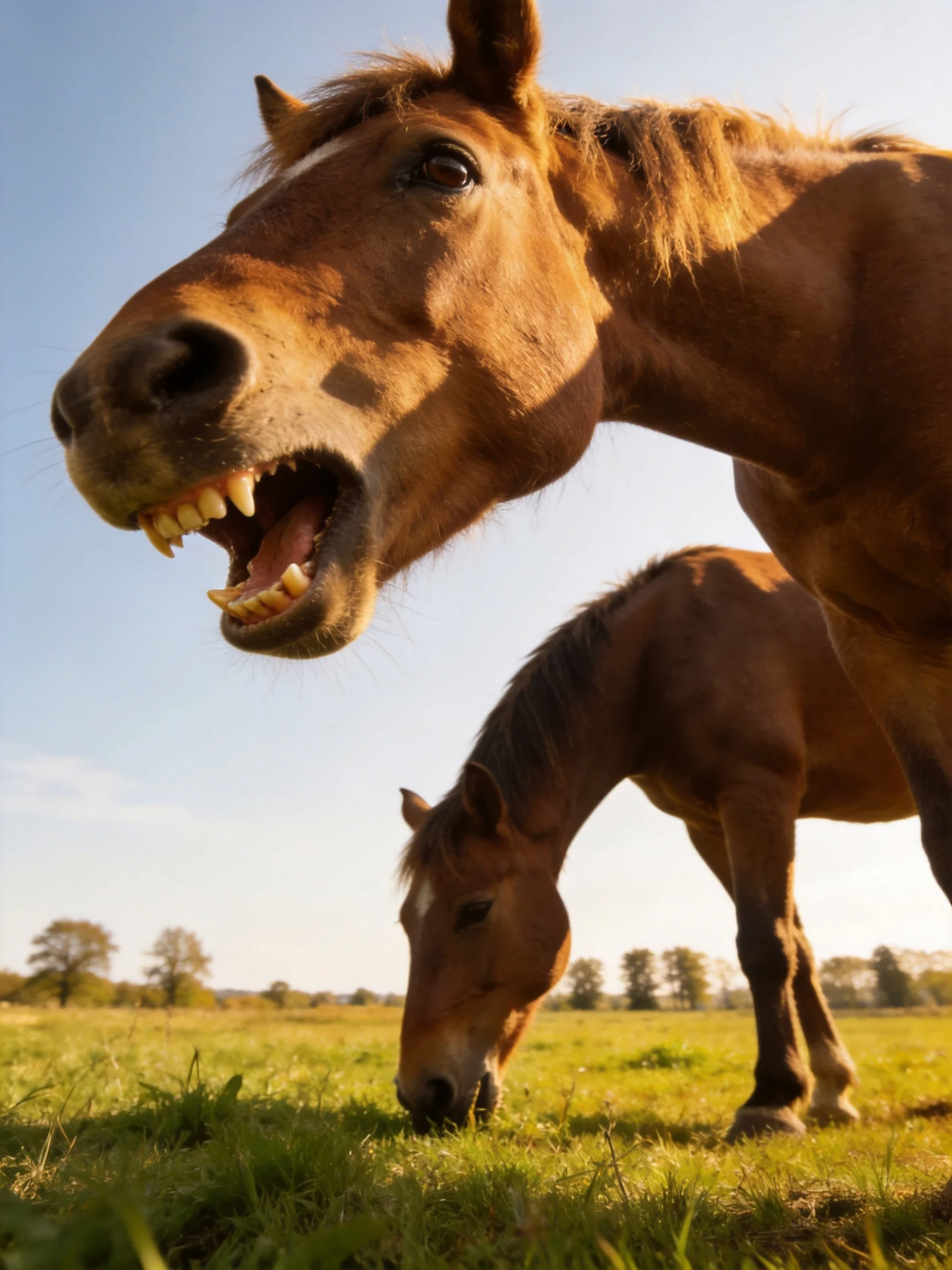 Two chestnut horses interact in a sunlit meadow