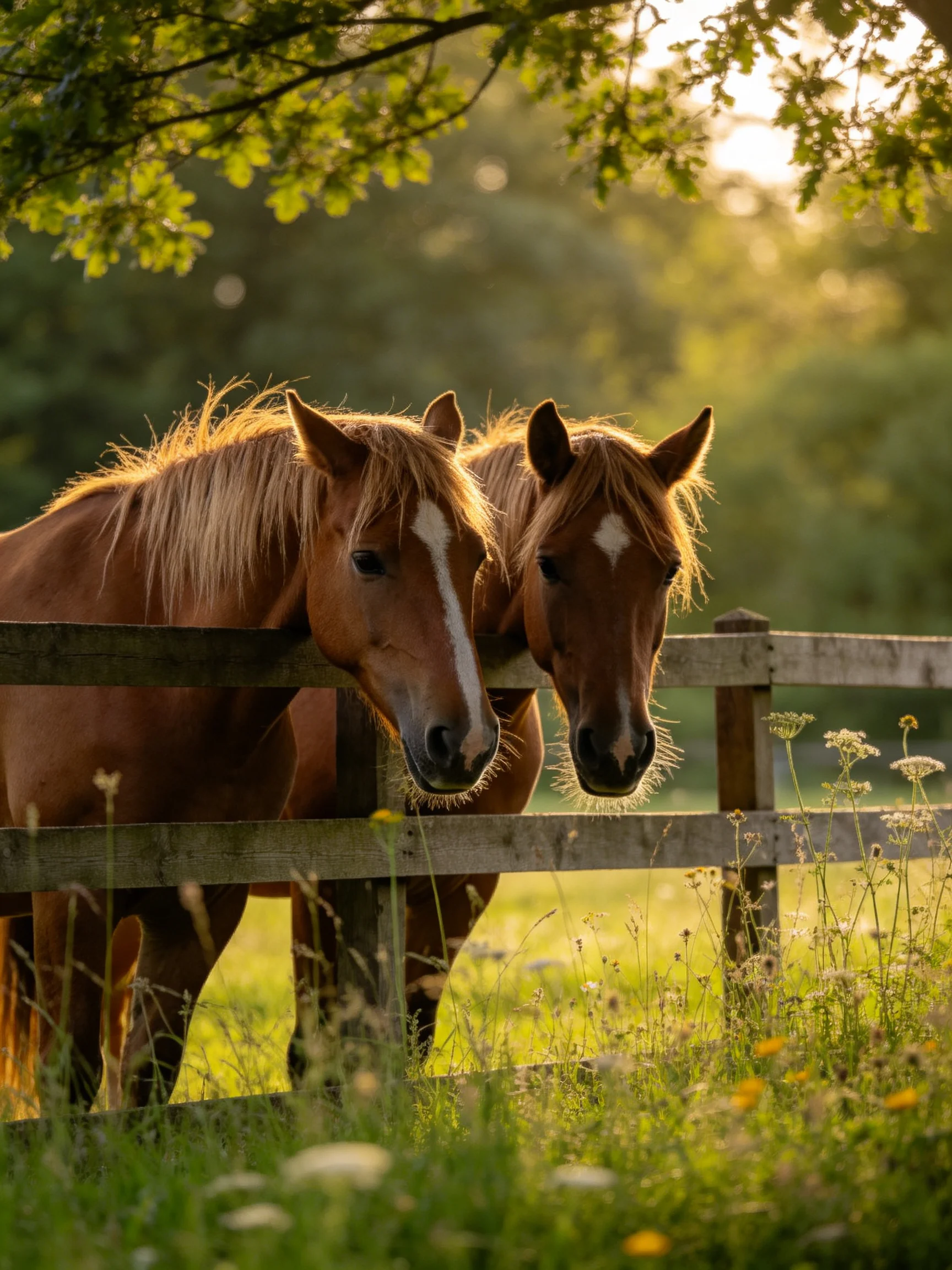 Two chestnut horses lean by a weathered wooden fence in golden sunlight