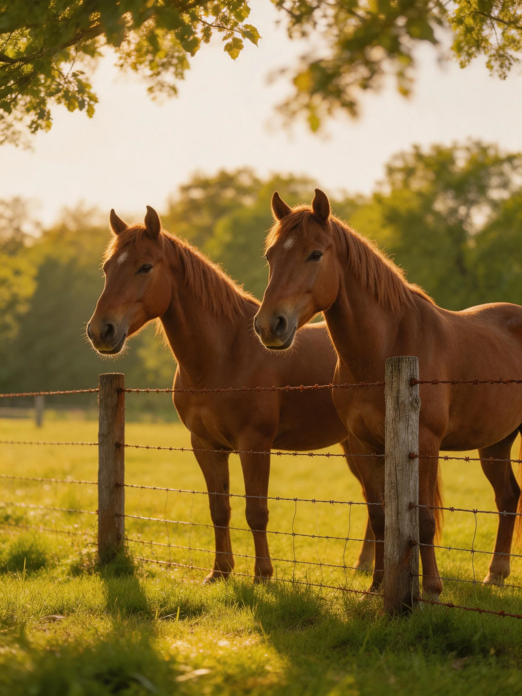 Two chestnut horses near a barbed wire fence in a sunlit pasture