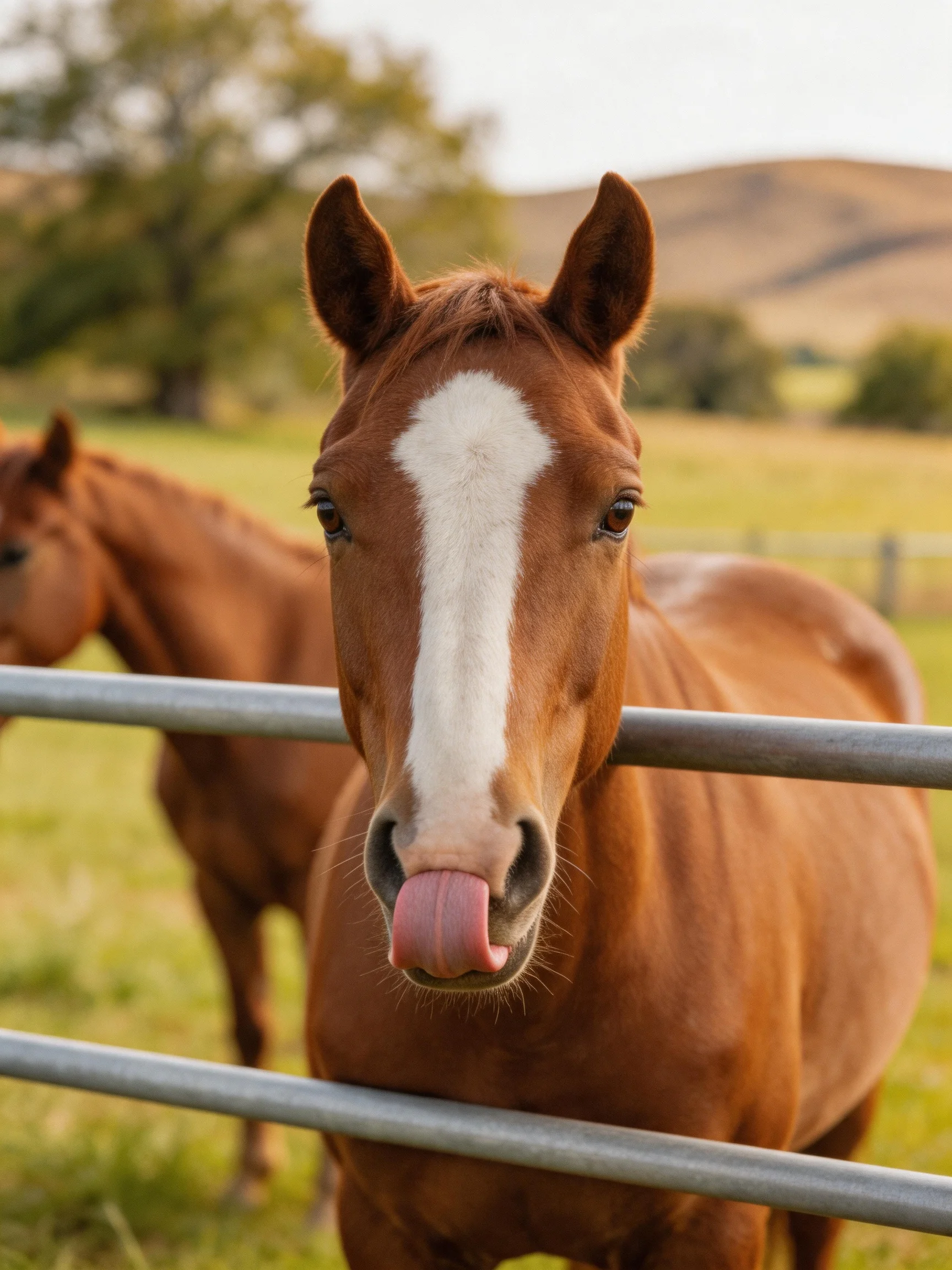Two chestnut horses near a metal fence in a sunlit pasture