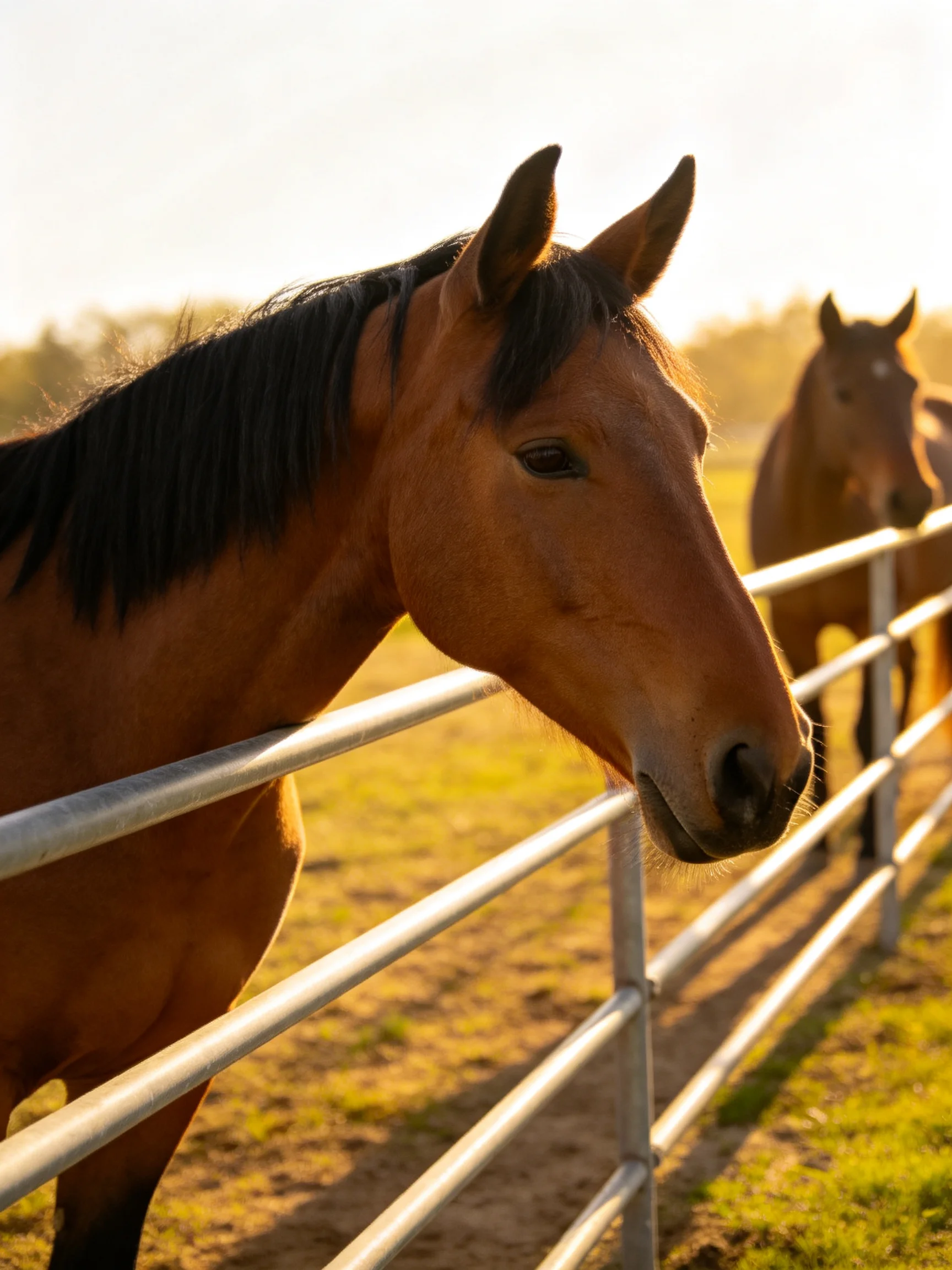 Two chestnut horses near a silver metal fence in golden sunlight