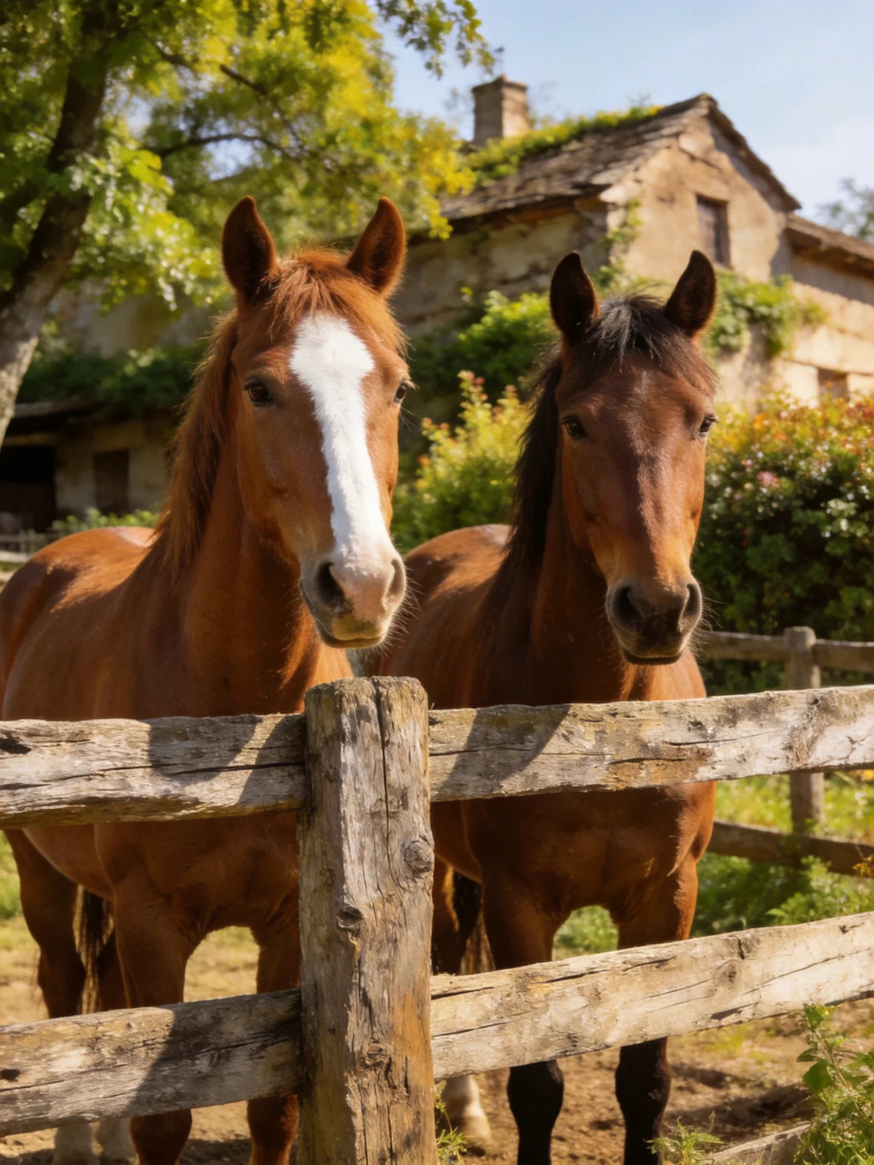 Two chestnut horses near a weathered wooden fence with an old stone house