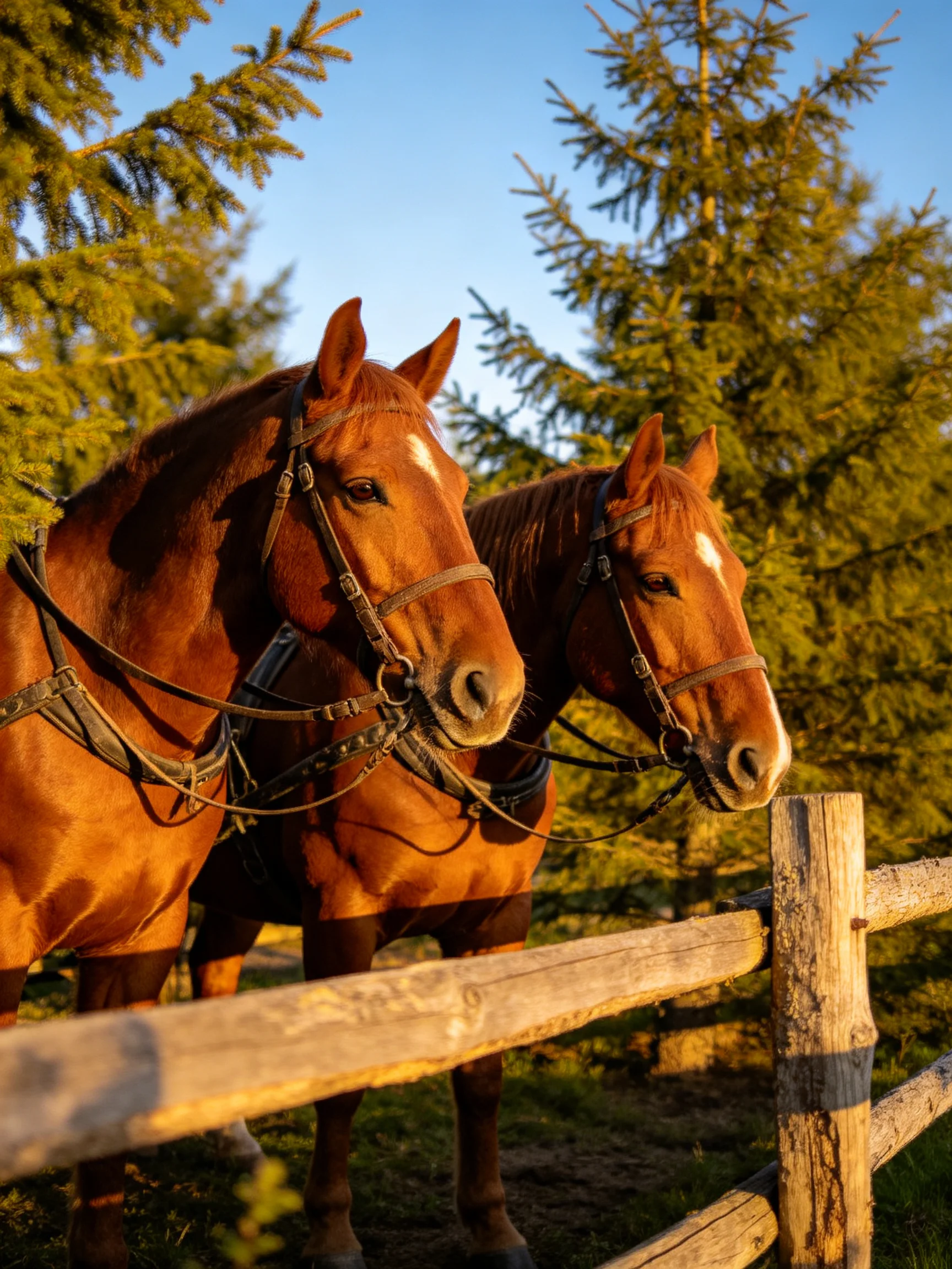 Two chestnut horses near a wooden fence with evergreen trees