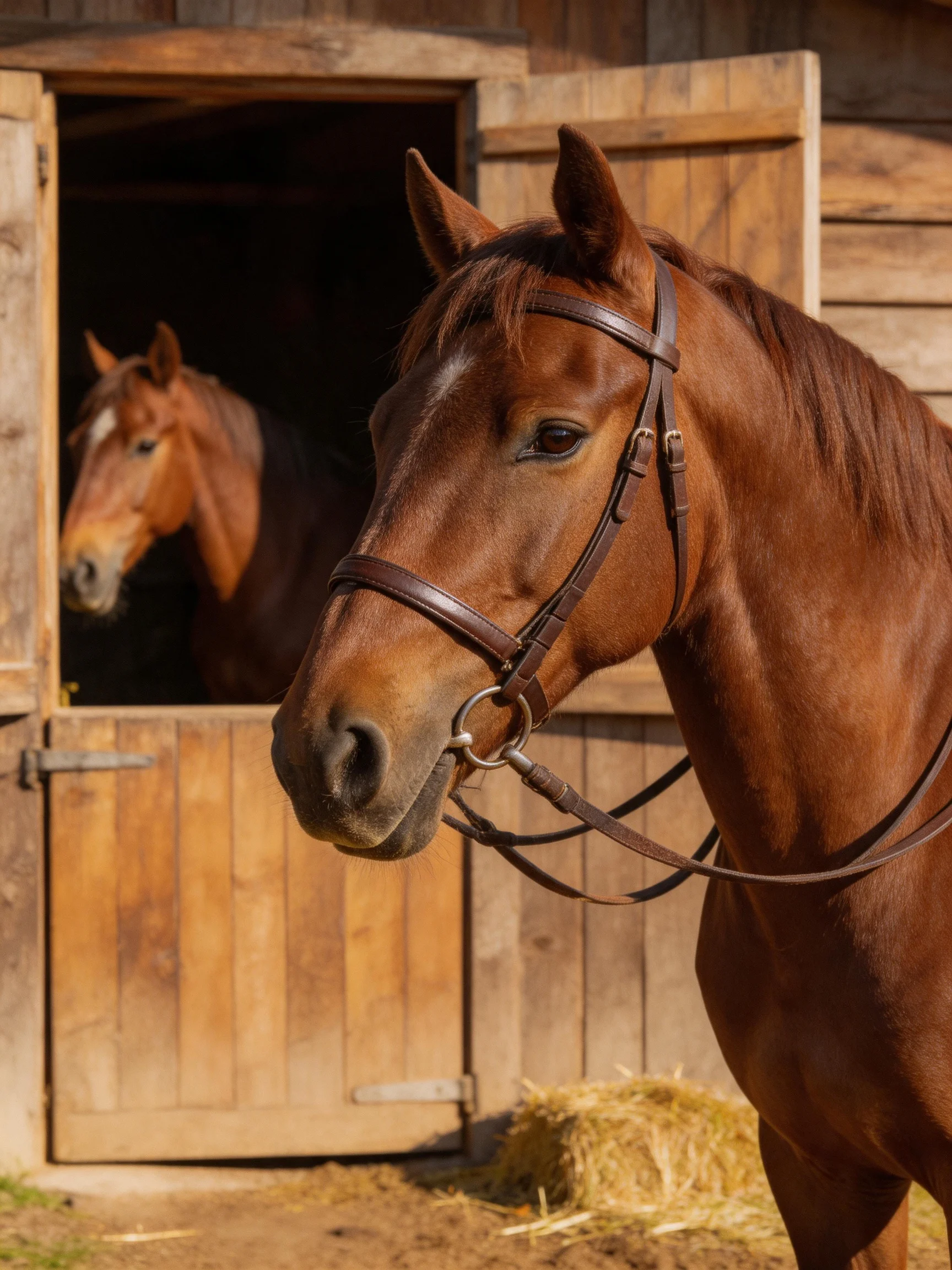 Two chestnut horses near an open wooden stable with hay