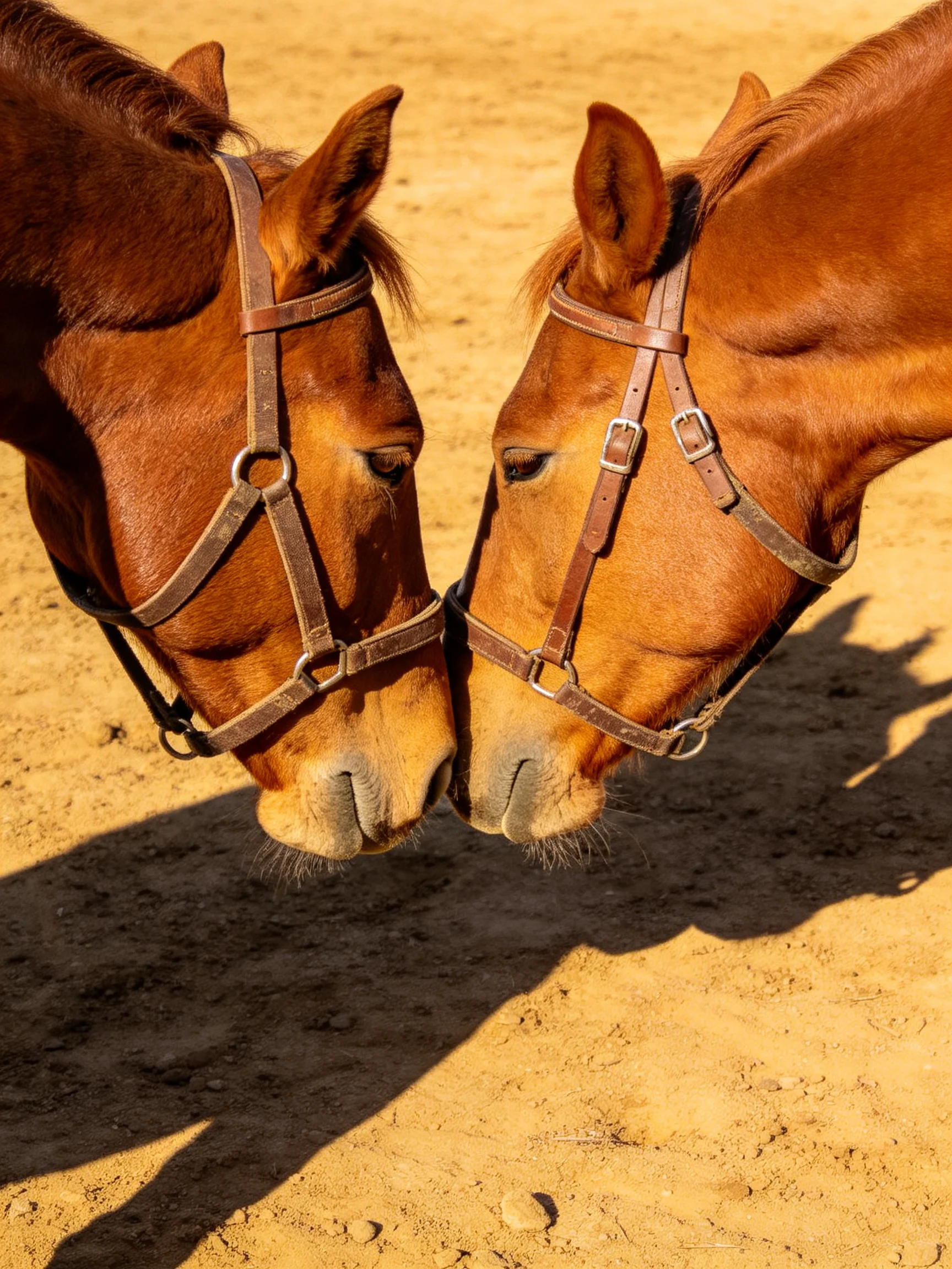 Two chestnut horses nuzzle closely on a sun-drenched sandy terrain