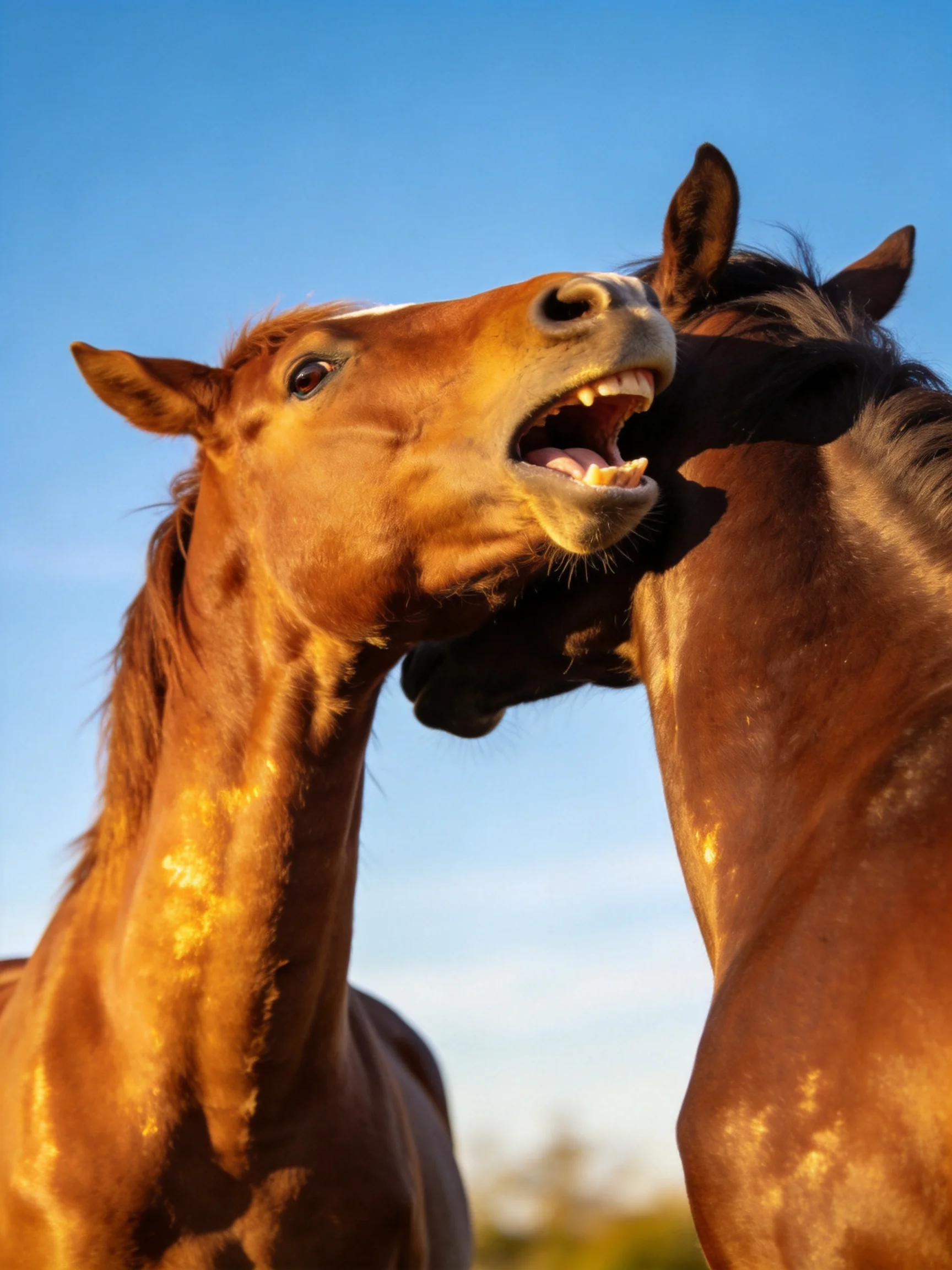 Two chestnut horses nuzzle closely under clear blue sky