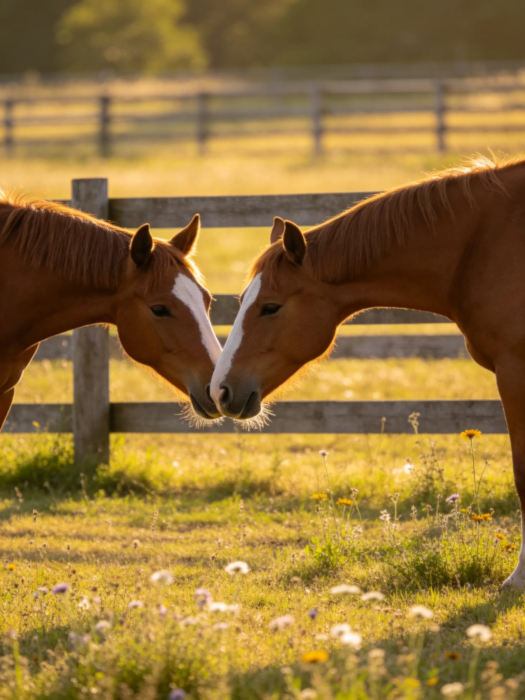 Two chestnut horses nuzzle near a weathered wooden fence in a sunlit meadow
