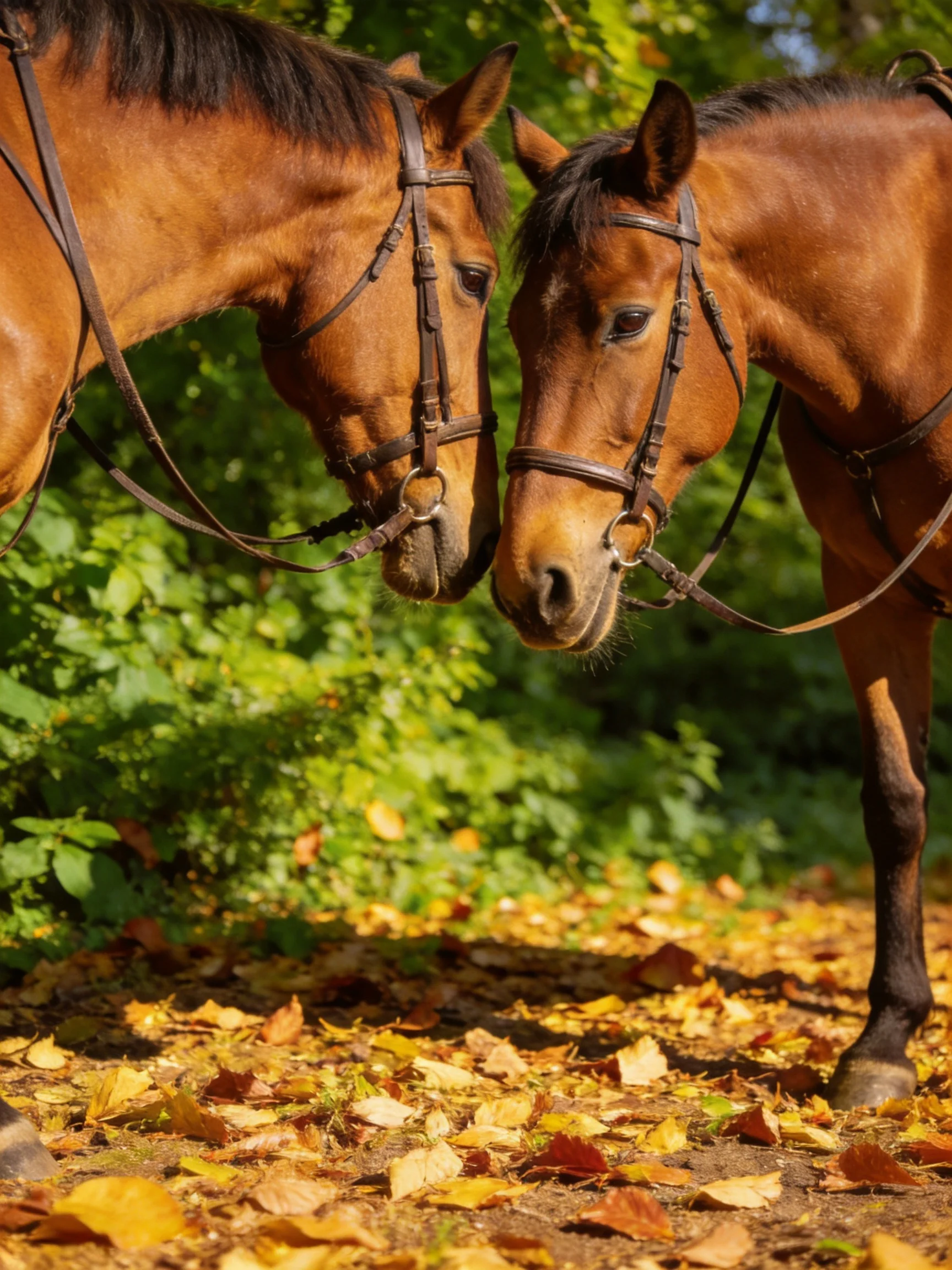 Two chestnut horses nuzzle near golden autumn foliage