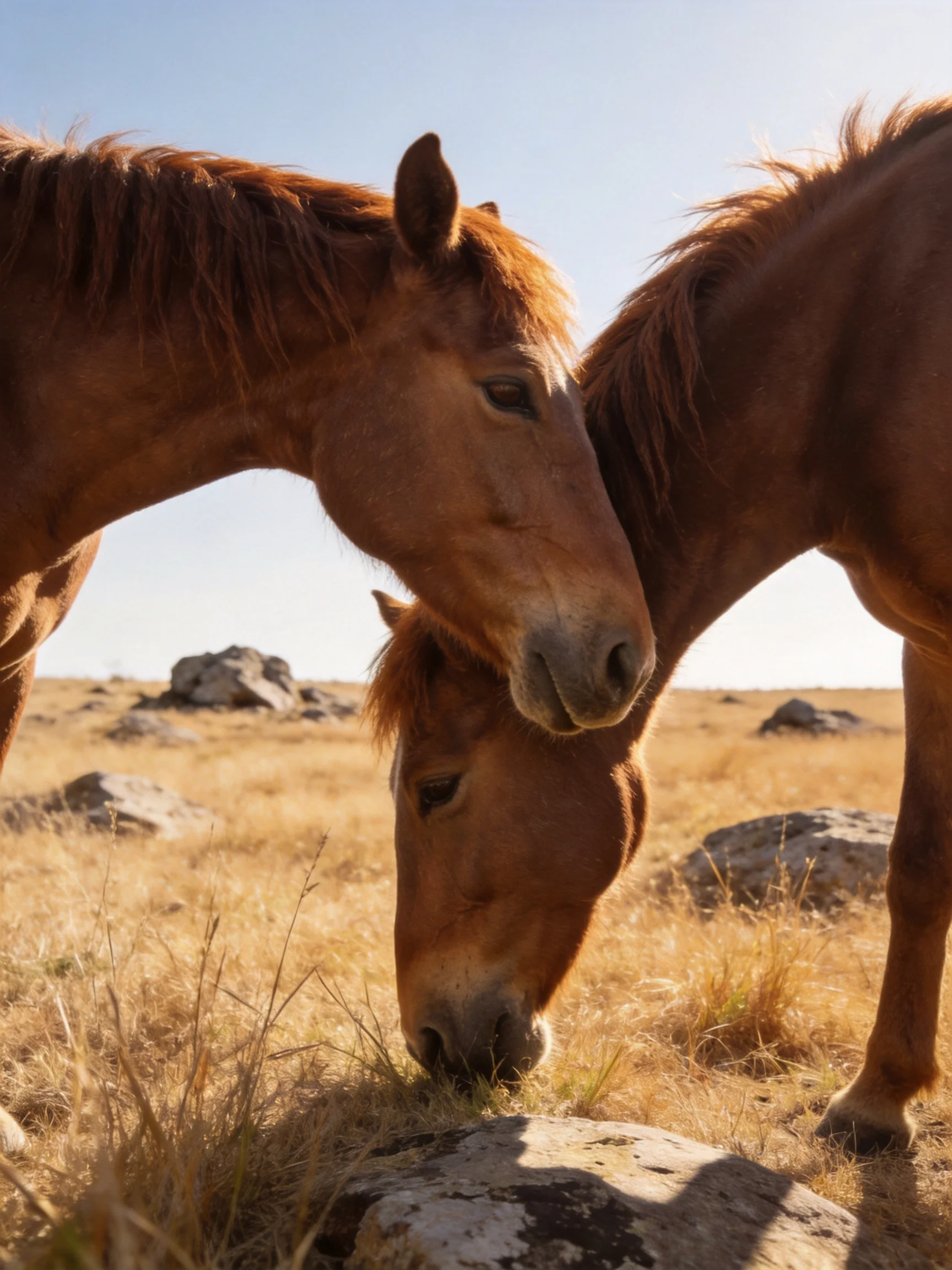 Two chestnut horses nuzzle near golden grass and scattered rocks