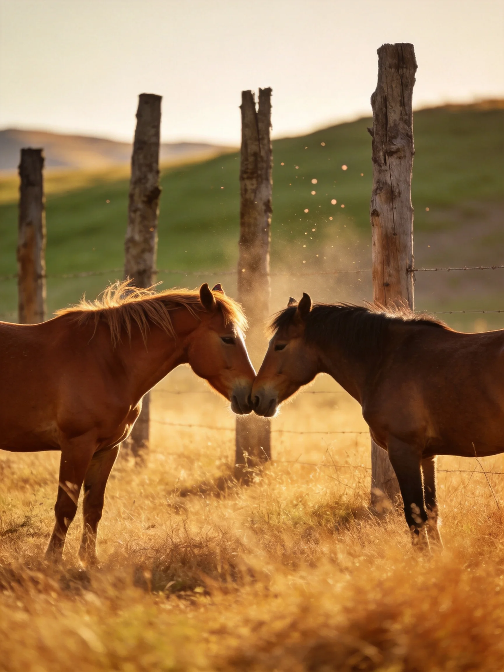 Two chestnut horses nuzzle near weathered fence posts in golden hour light
