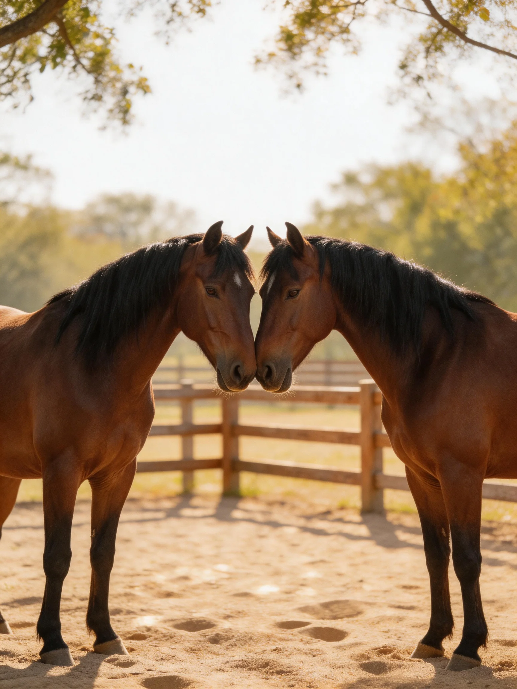Two chestnut horses nuzzle together by a wooden fence under bright sunlight