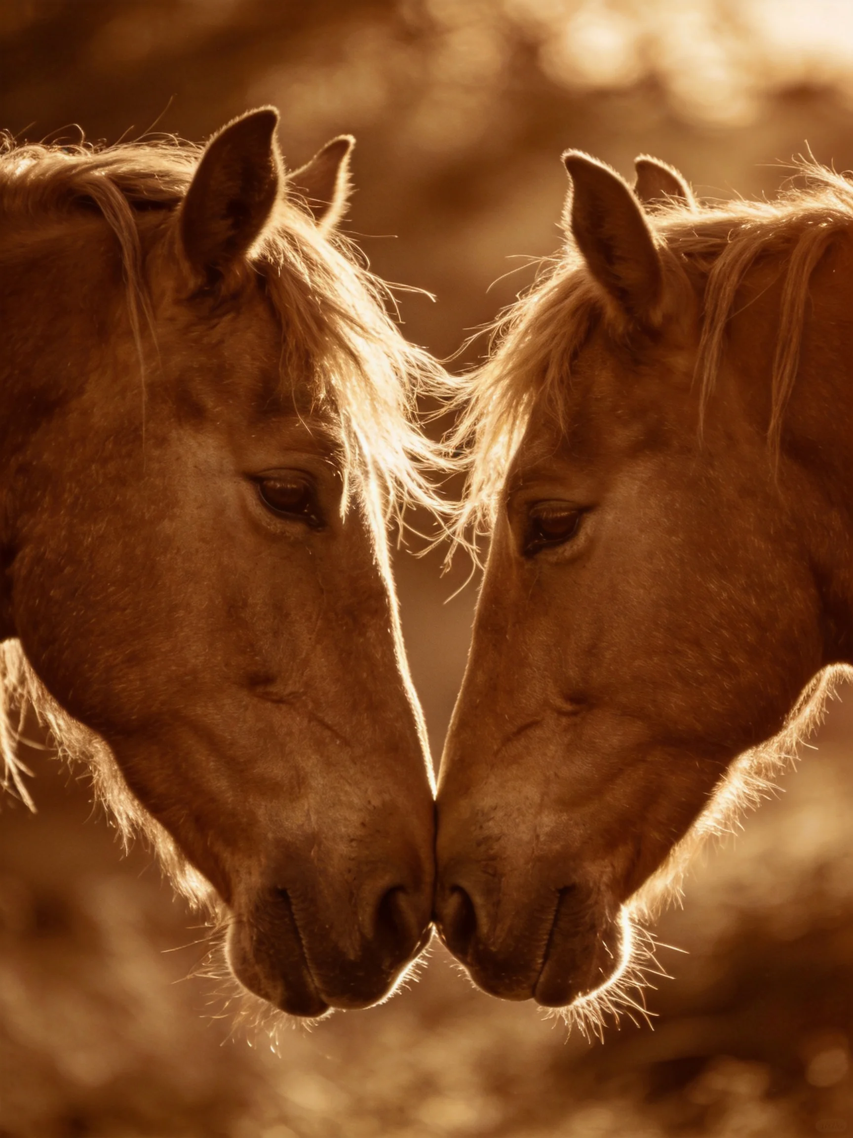 Two chestnut horses nuzzling closely in warm golden light