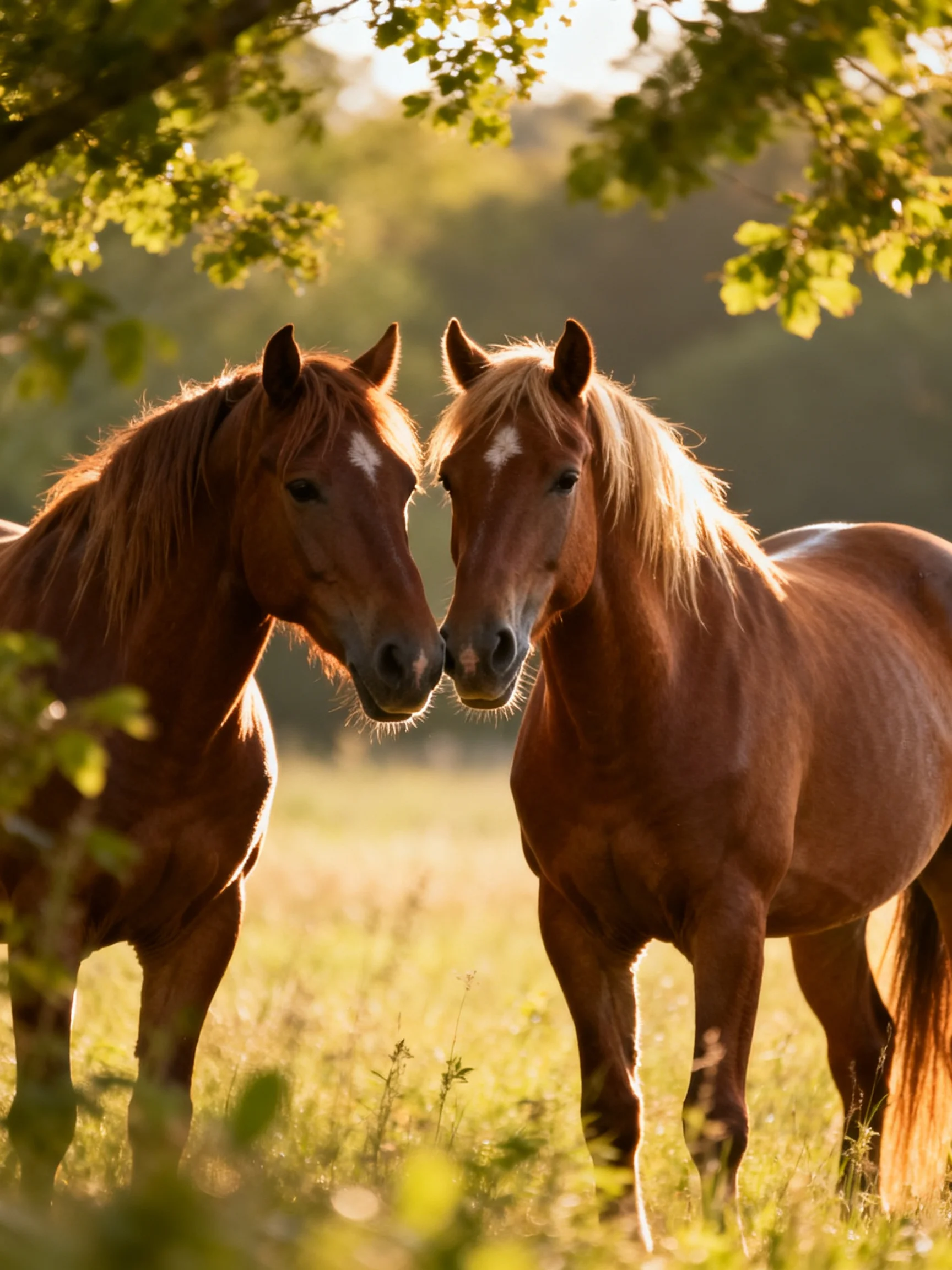 Two chestnut horses nuzzling in a sun-dappled meadow