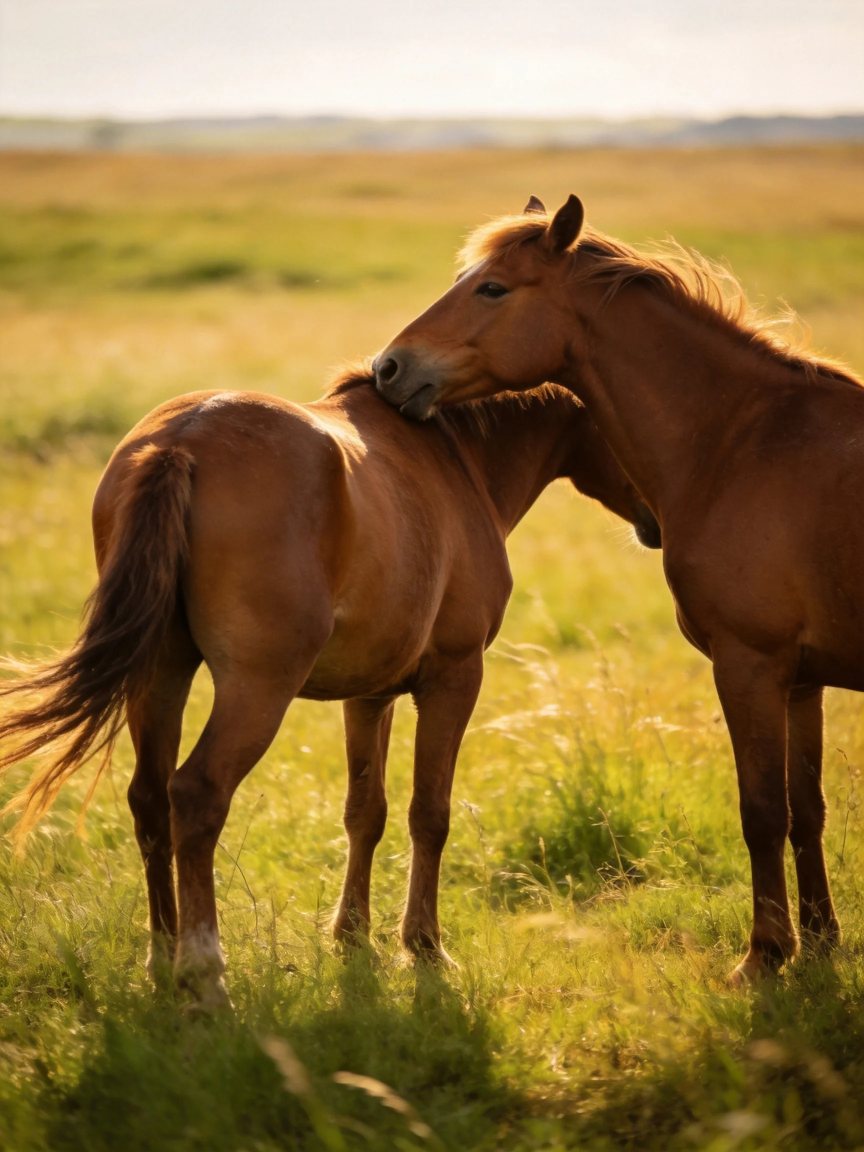 Two chestnut horses nuzzling in a sun-drenched meadow