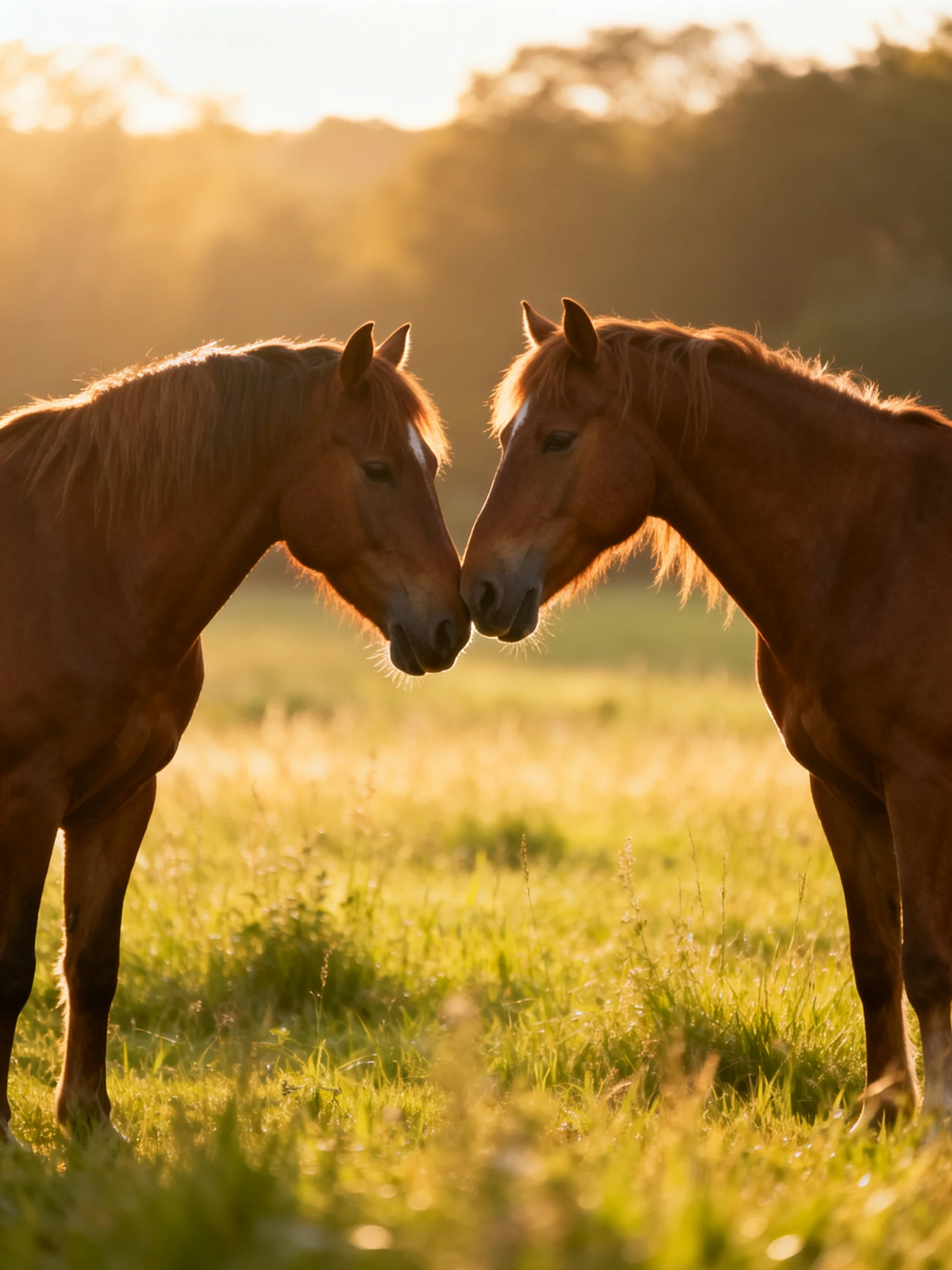 Two chestnut horses nuzzling in a sun-drenched meadow