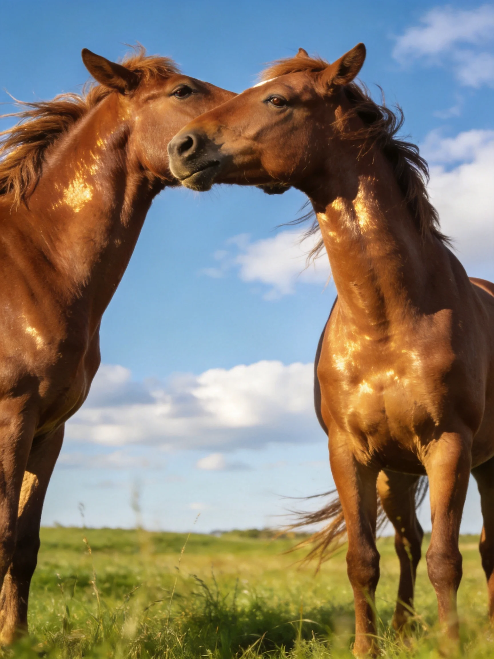 Two chestnut horses nuzzling in a sunlit meadow