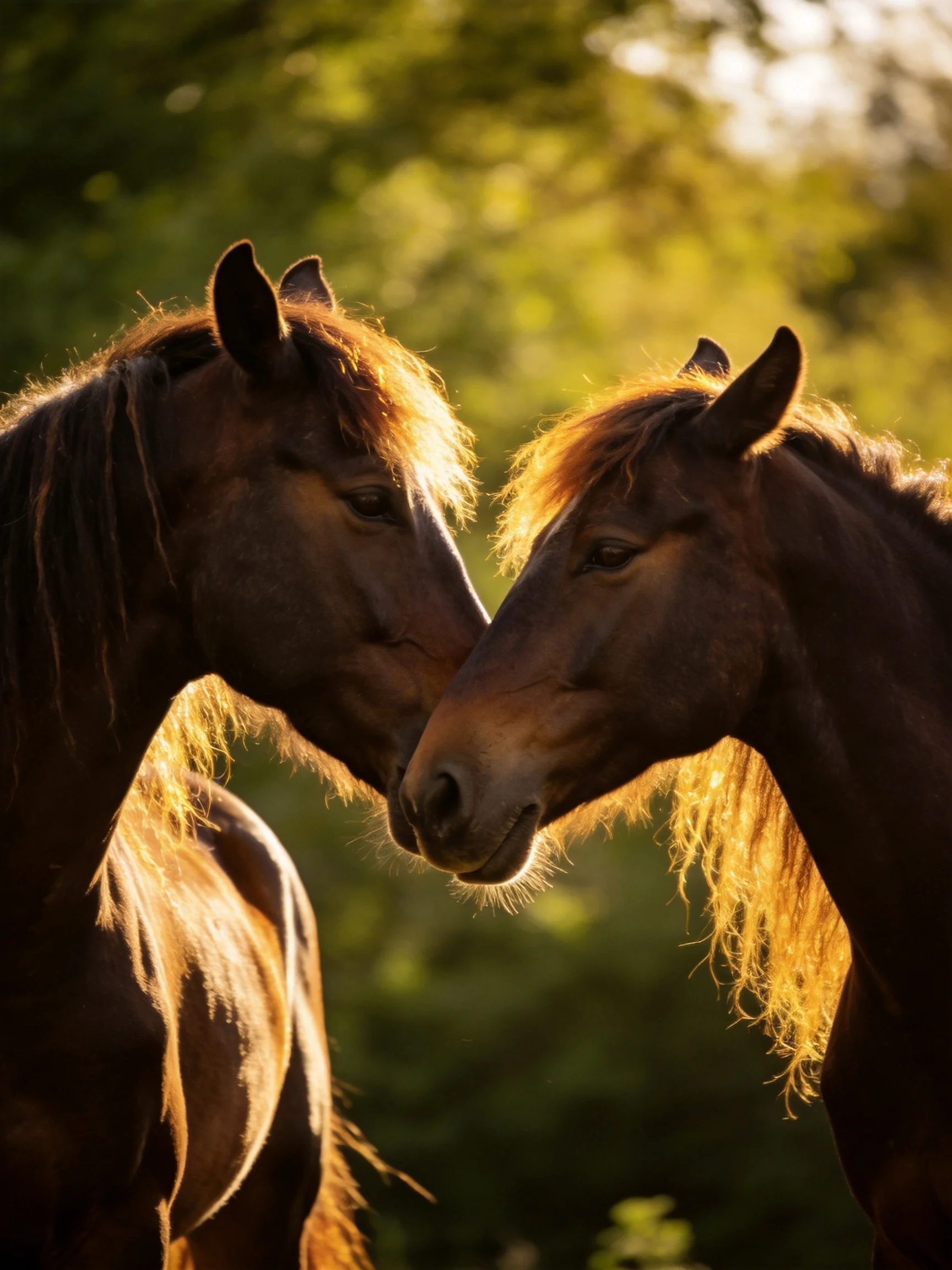 Two chestnut horses nuzzling in golden sunlight amid lush greenery