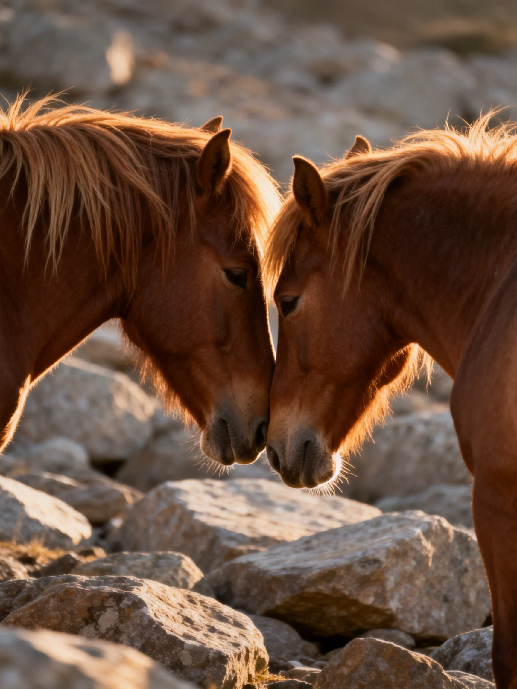 Two chestnut horses nuzzling near large gray rocks