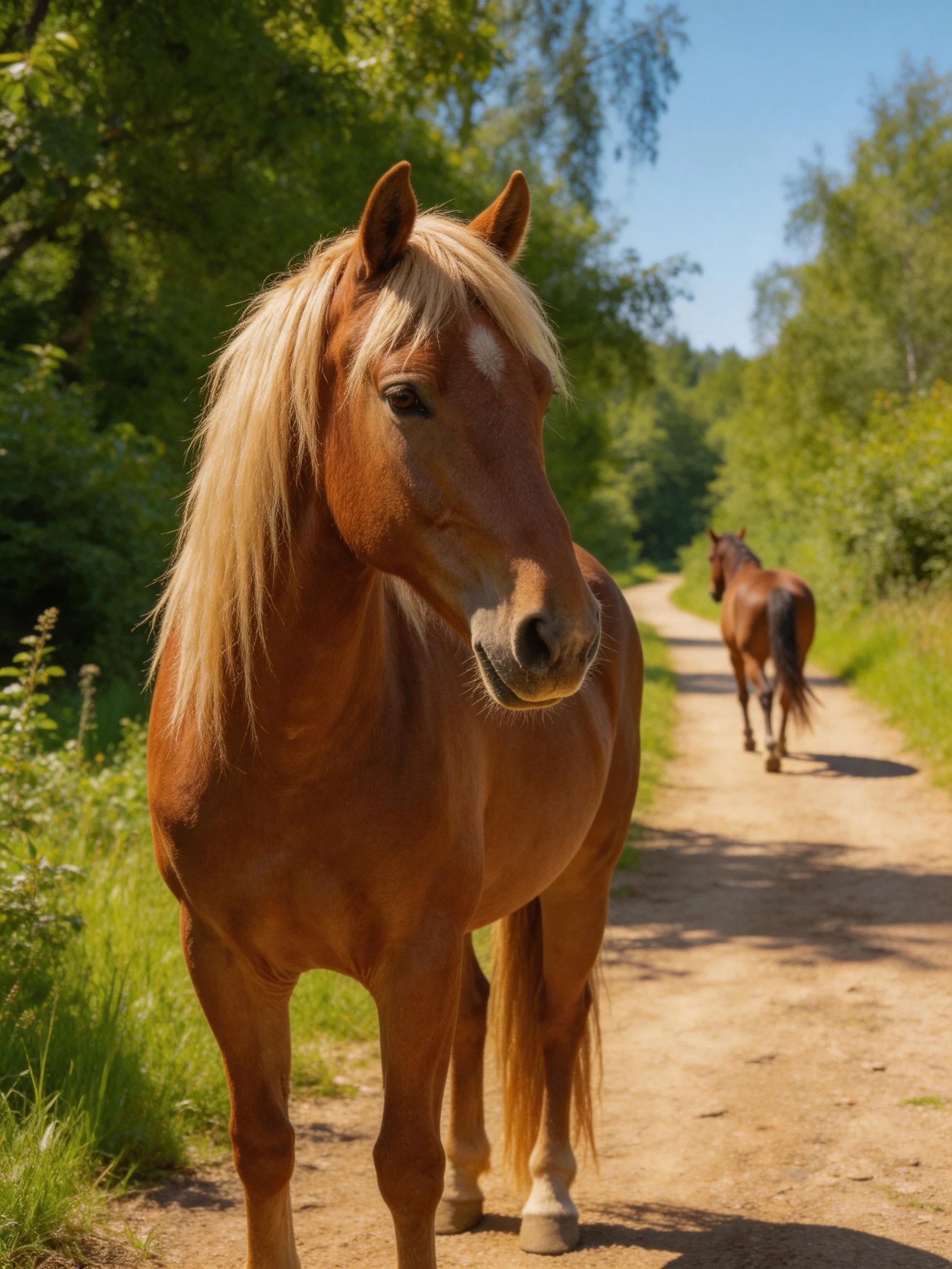 Two chestnut horses on a sunlit dirt path surrounded by lush greenery