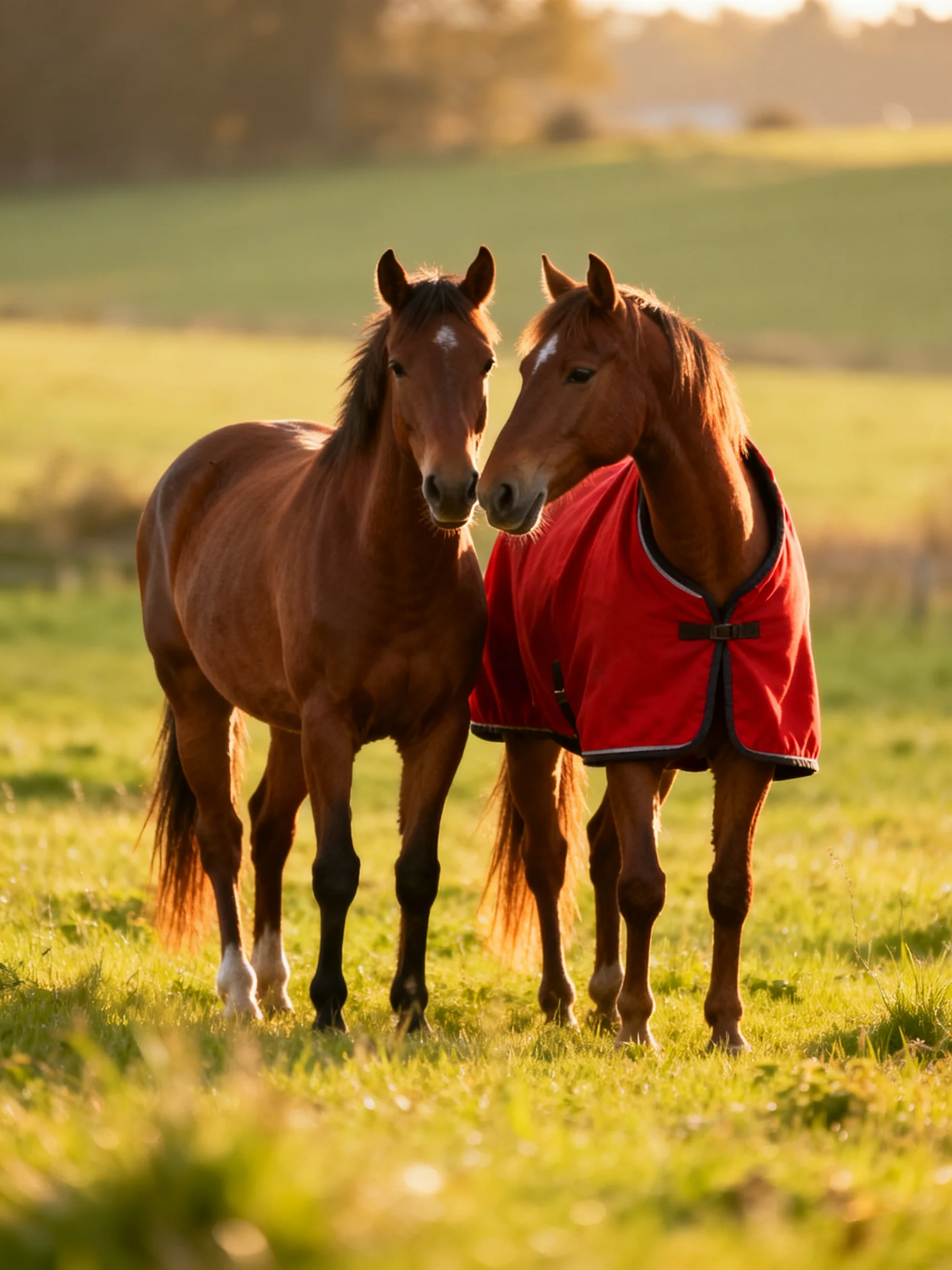 Two chestnut horses, one with a red blanket, stand in a sunlit meadow