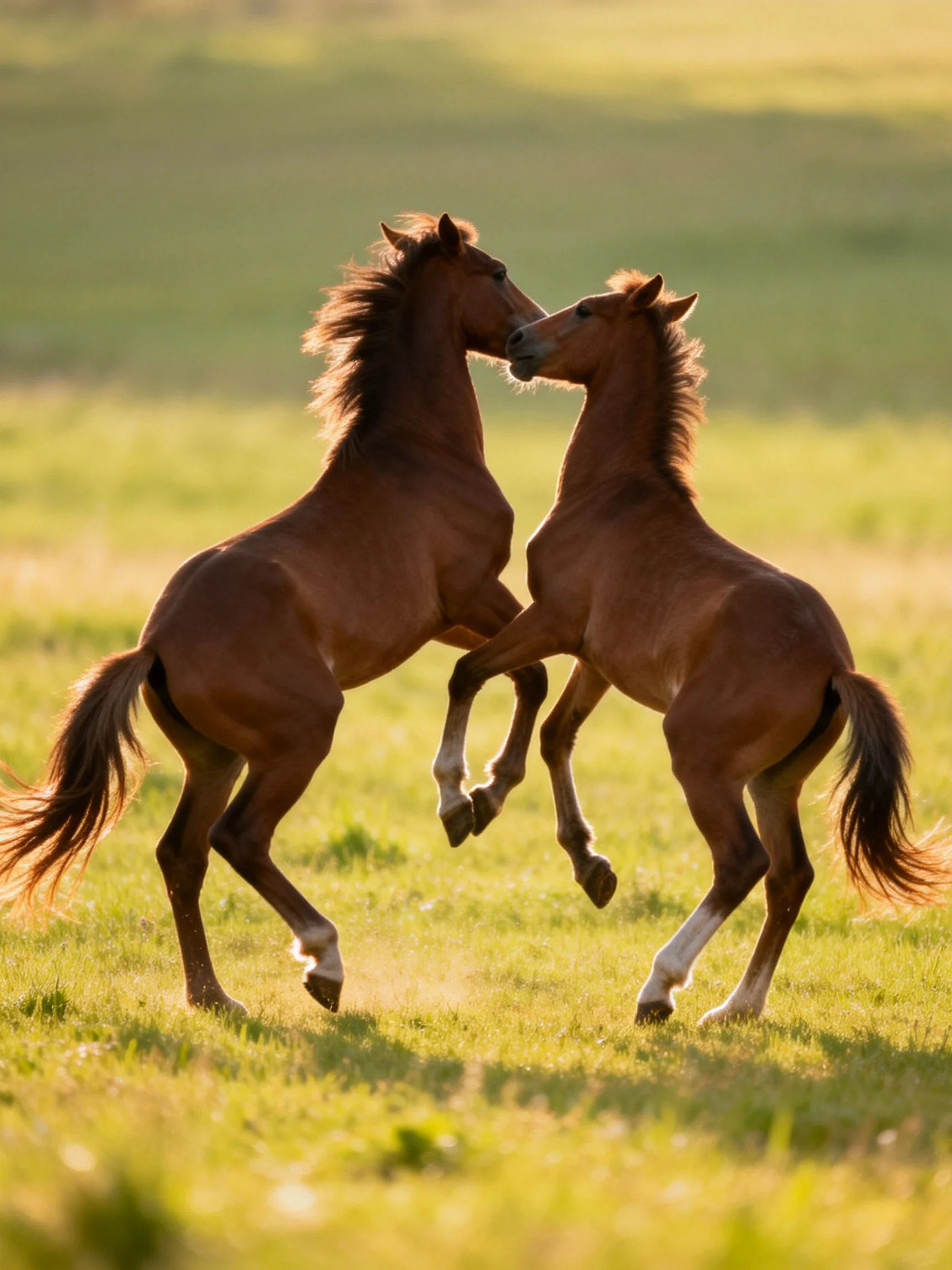 Two chestnut horses playfully sparring in a sunlit meadow