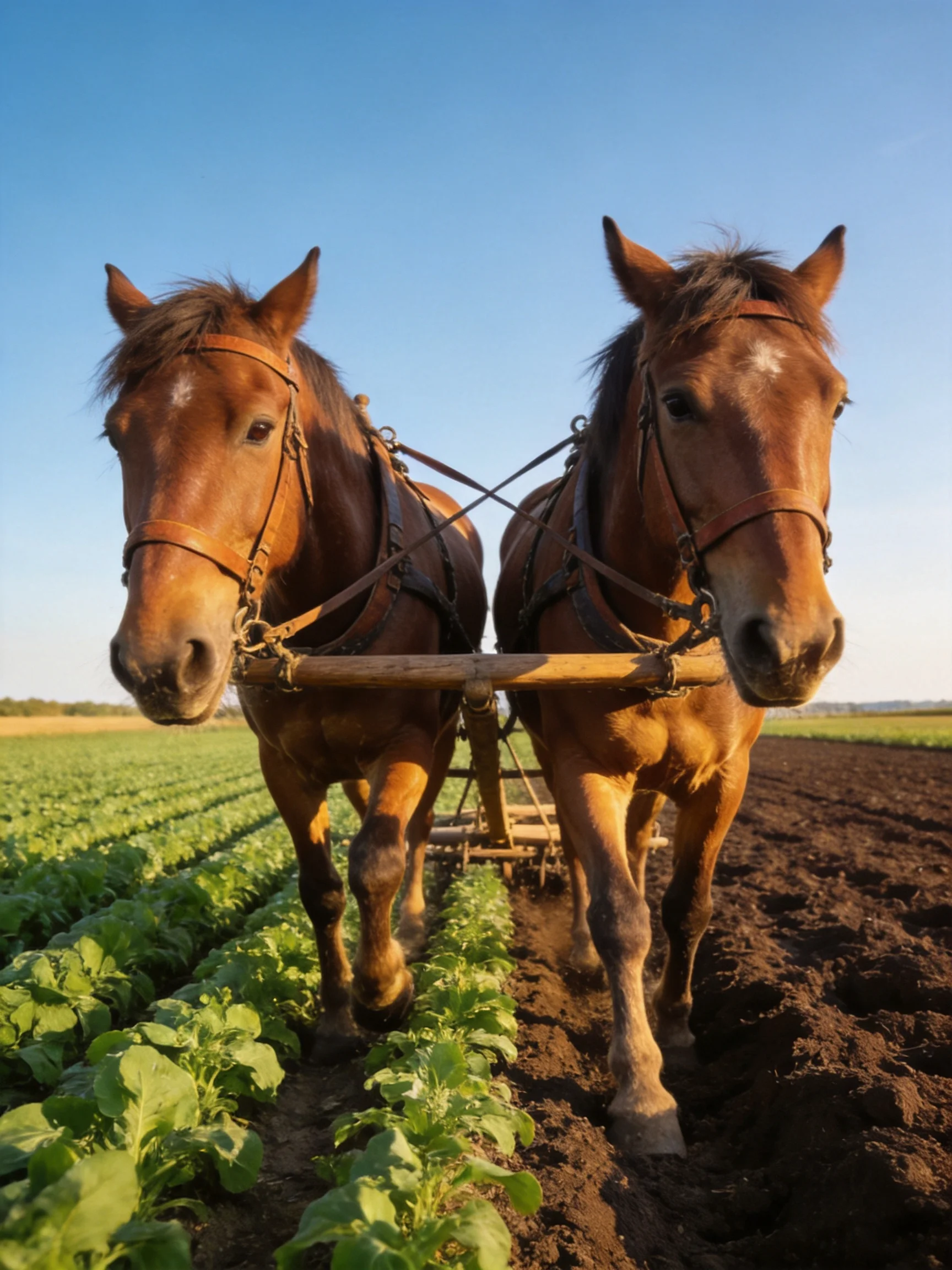 Two chestnut horses pull a wooden plow through green and brown fields