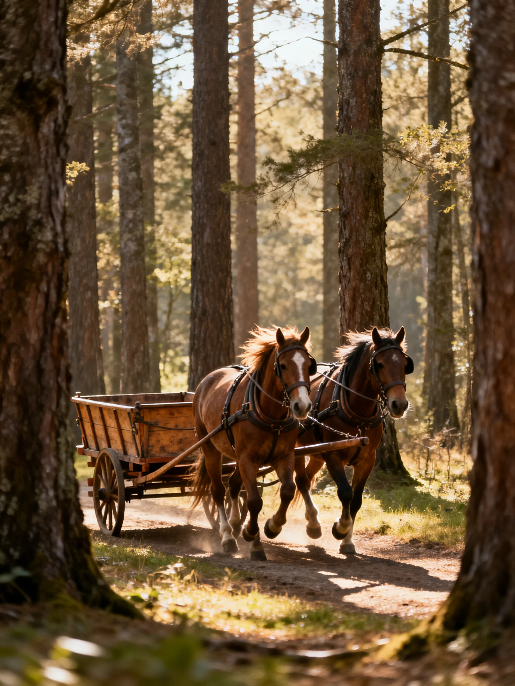 Two chestnut horses pull a wooden wagon through a sunlit forest