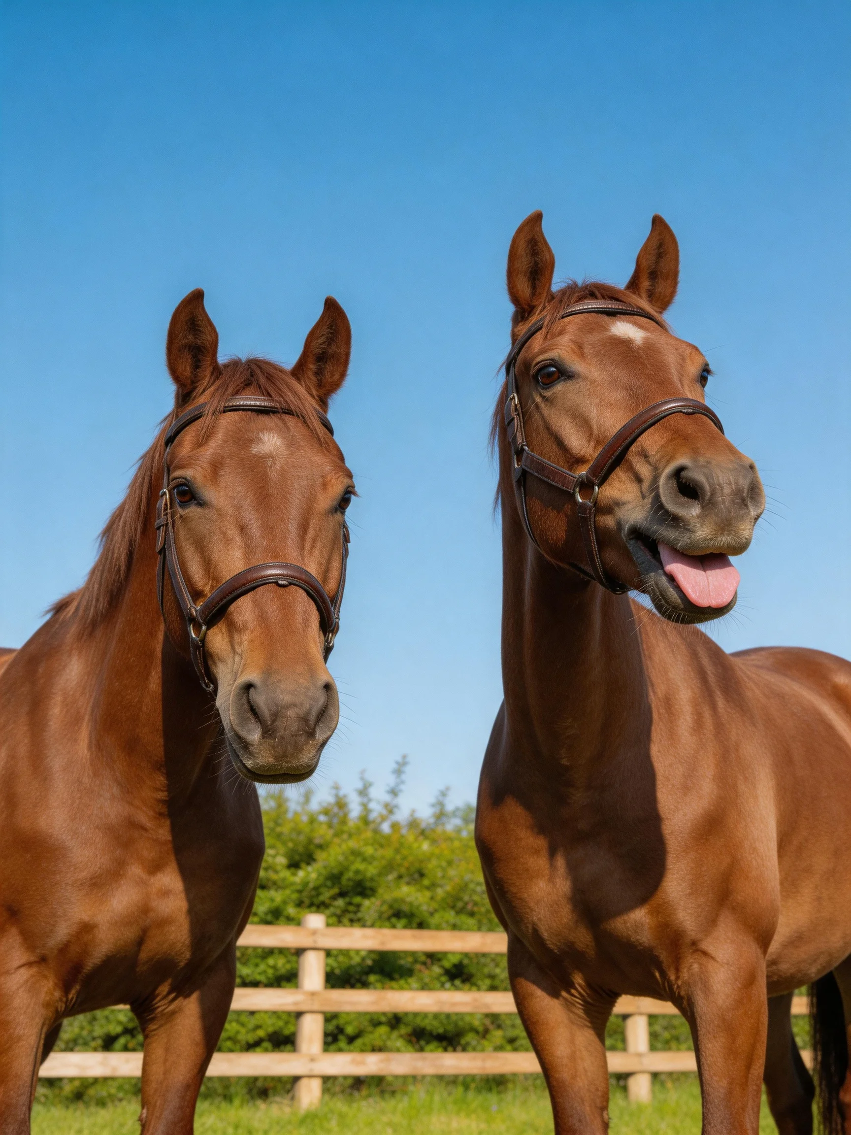 Two chestnut horses stand beside a wooden fence under bright blue sky