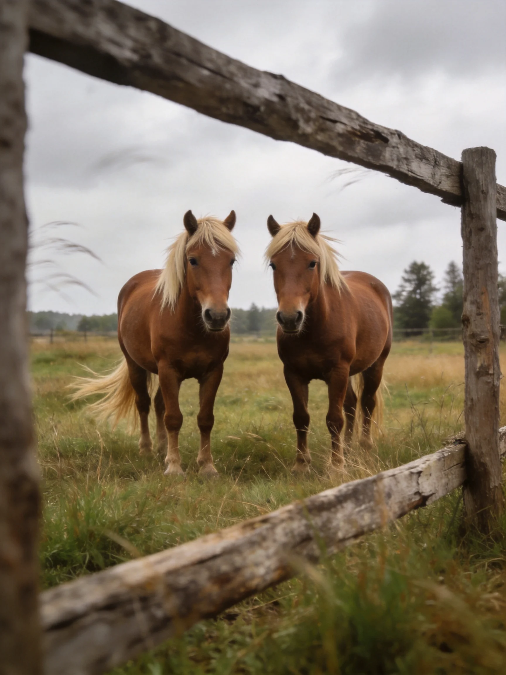 Two chestnut horses stand by a weathered wooden fence in a grassy field
