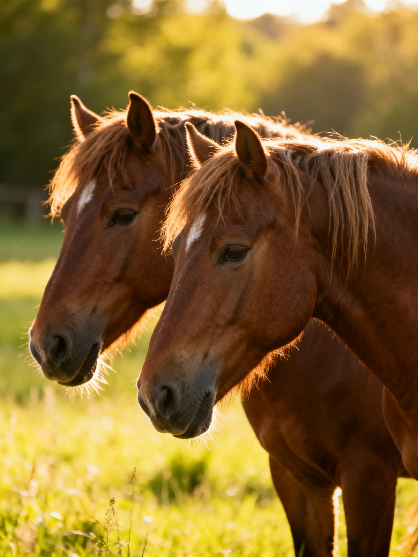 Two chestnut horses stand close together in a sunlit meadow