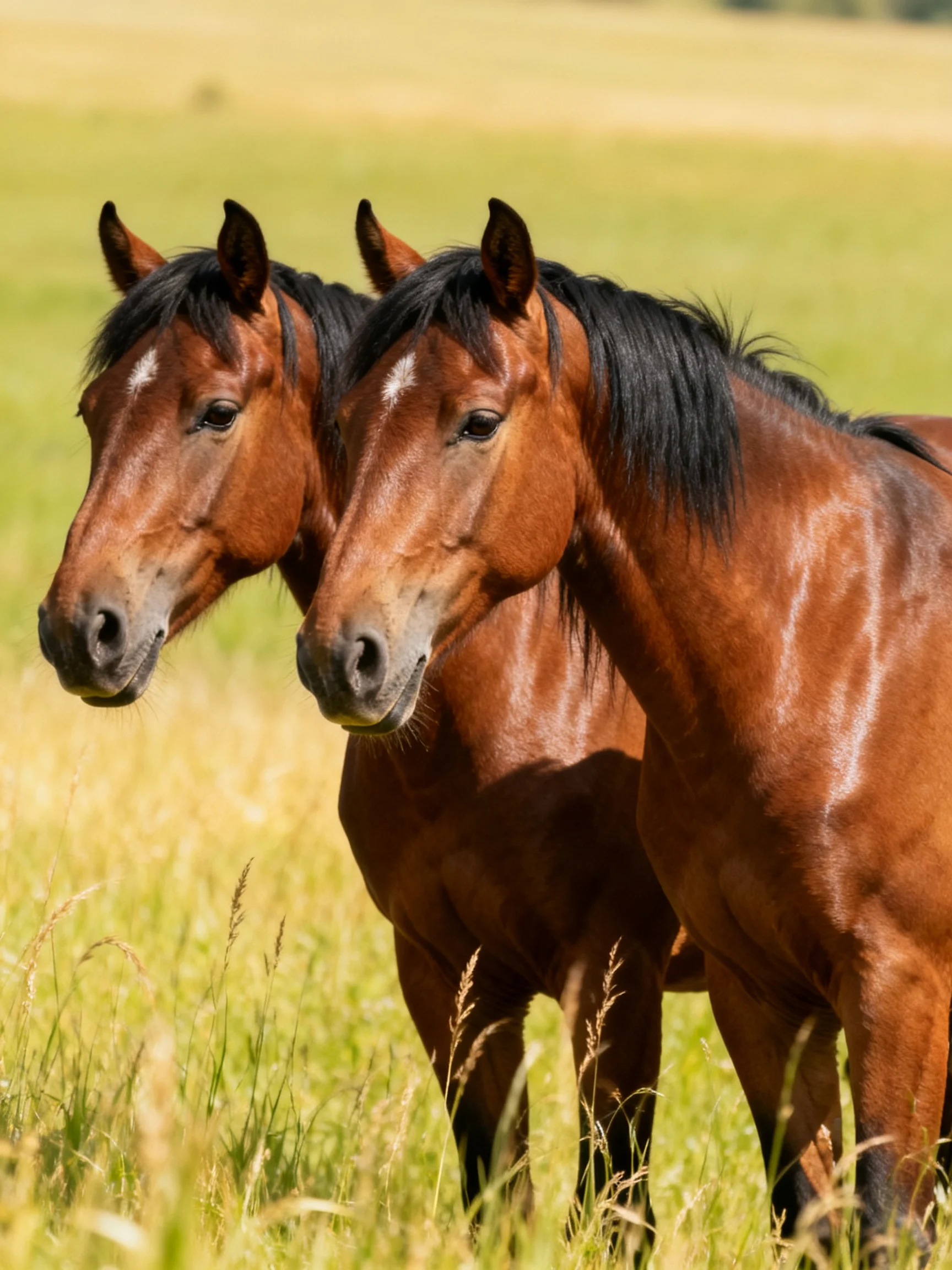 Two chestnut horses stand close together in a sunlit meadow