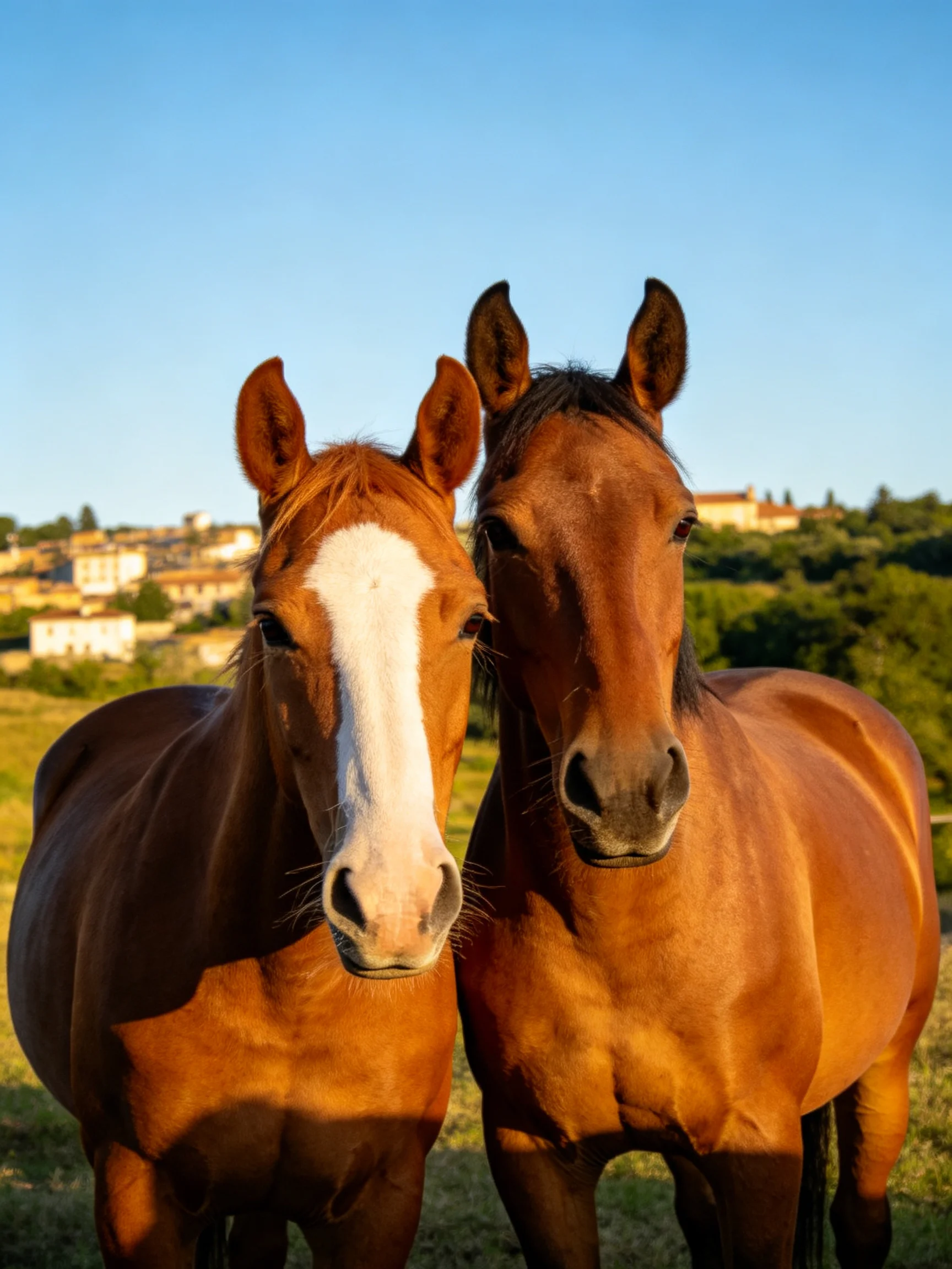 Two chestnut horses stand close together in a sunny field