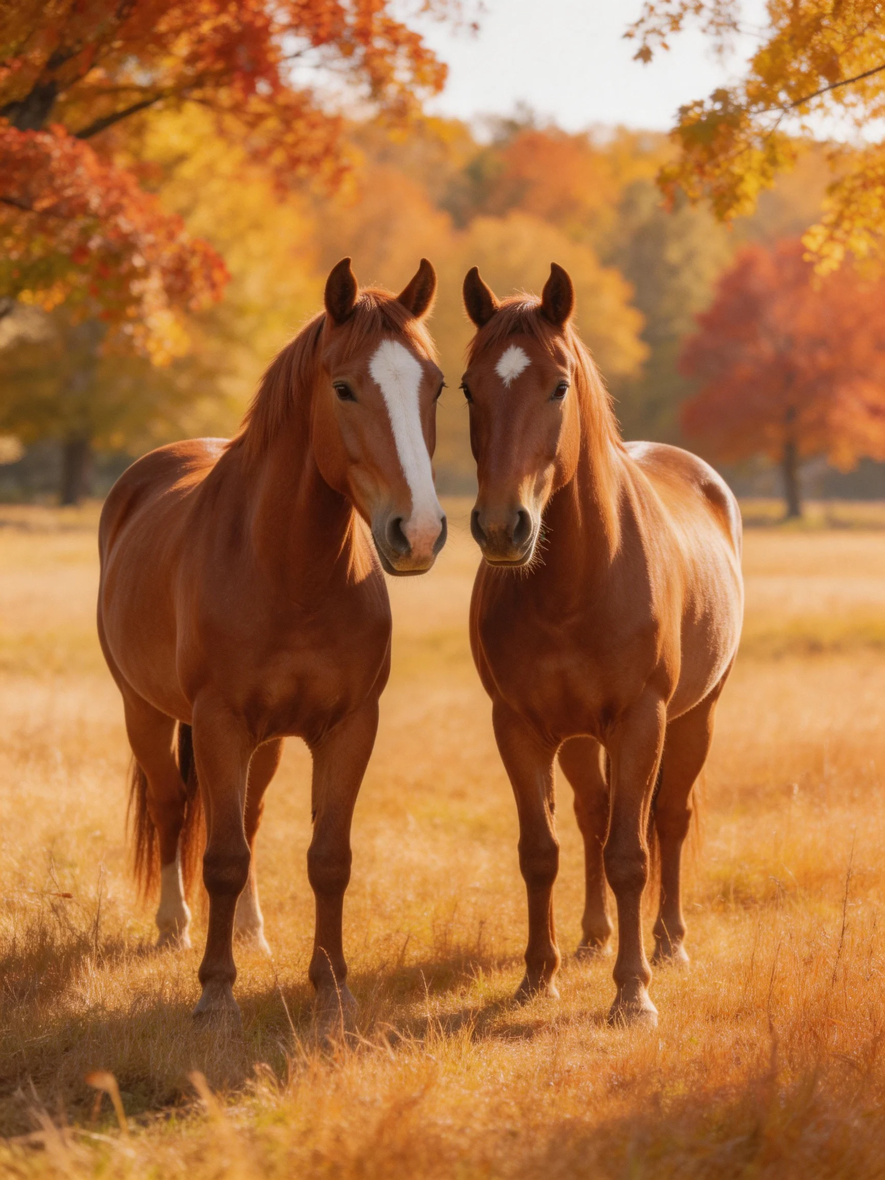 Two chestnut horses stand close together in an autumn meadow