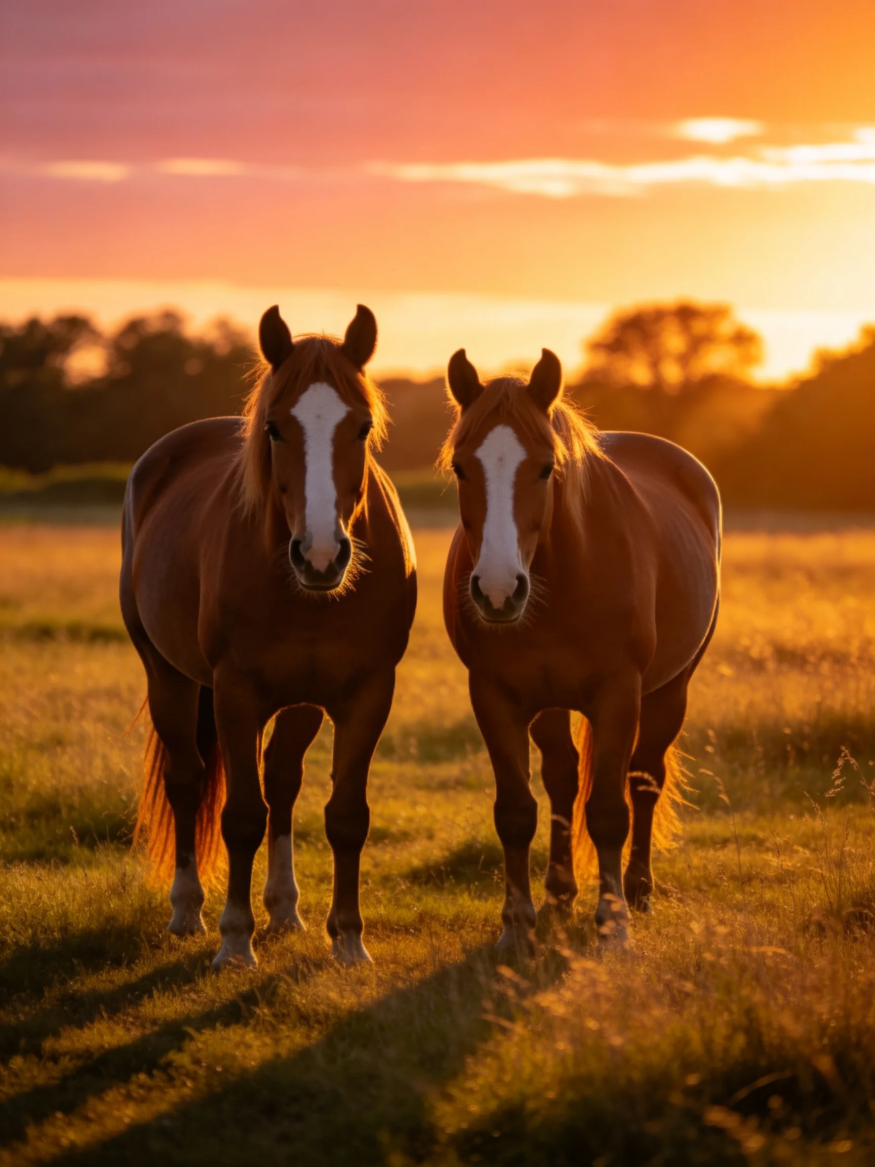 Two chestnut horses stand in a golden field at sunset